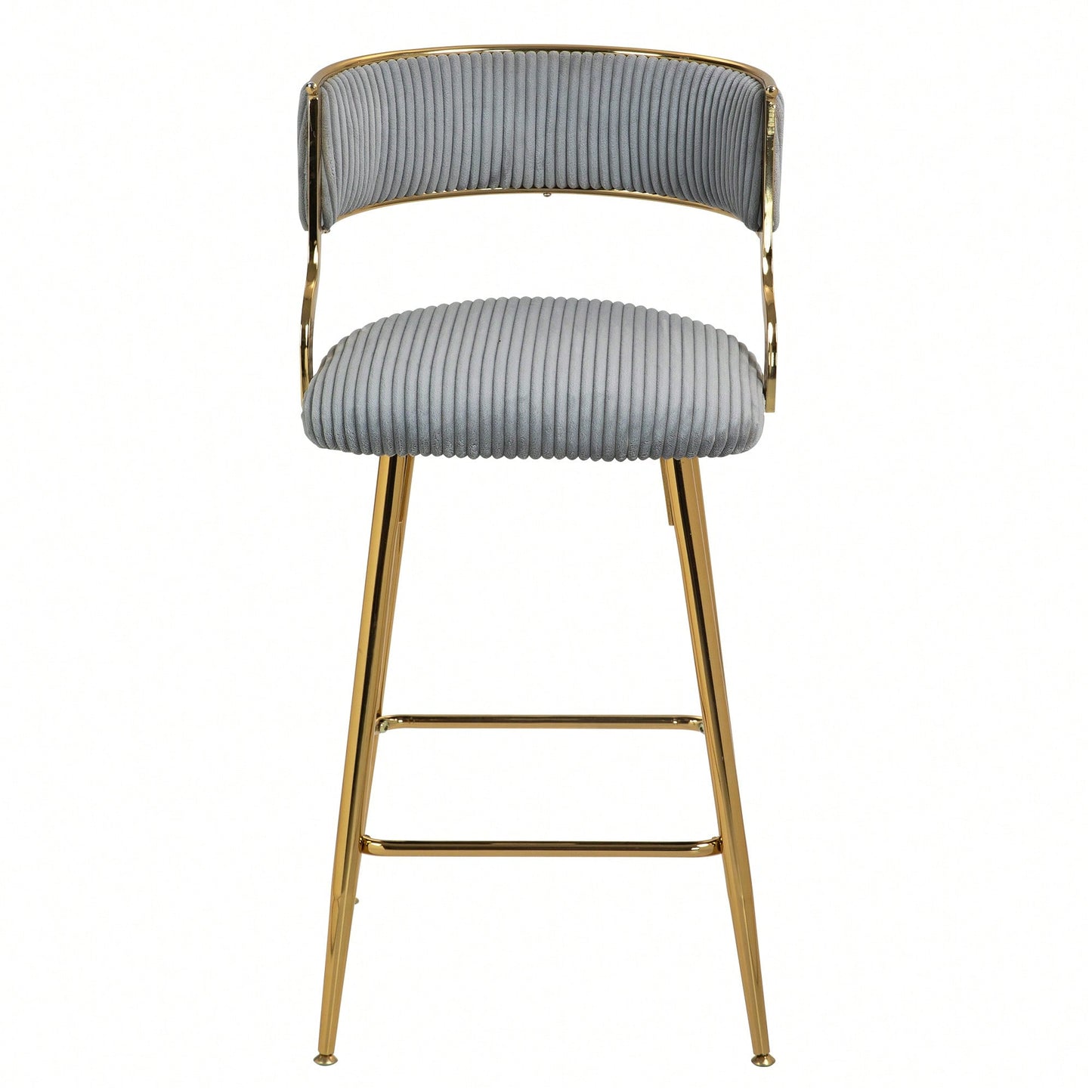 Set Of 2 Beige Corduroy Counter Height Bar Stools With Back And Golden Chrome Base Footrest For Kitchen Island