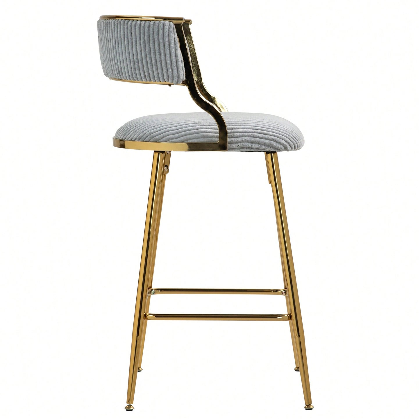 Set Of 2 Beige Corduroy Counter Height Bar Stools With Back And Golden Chrome Base Footrest For Kitchen Island