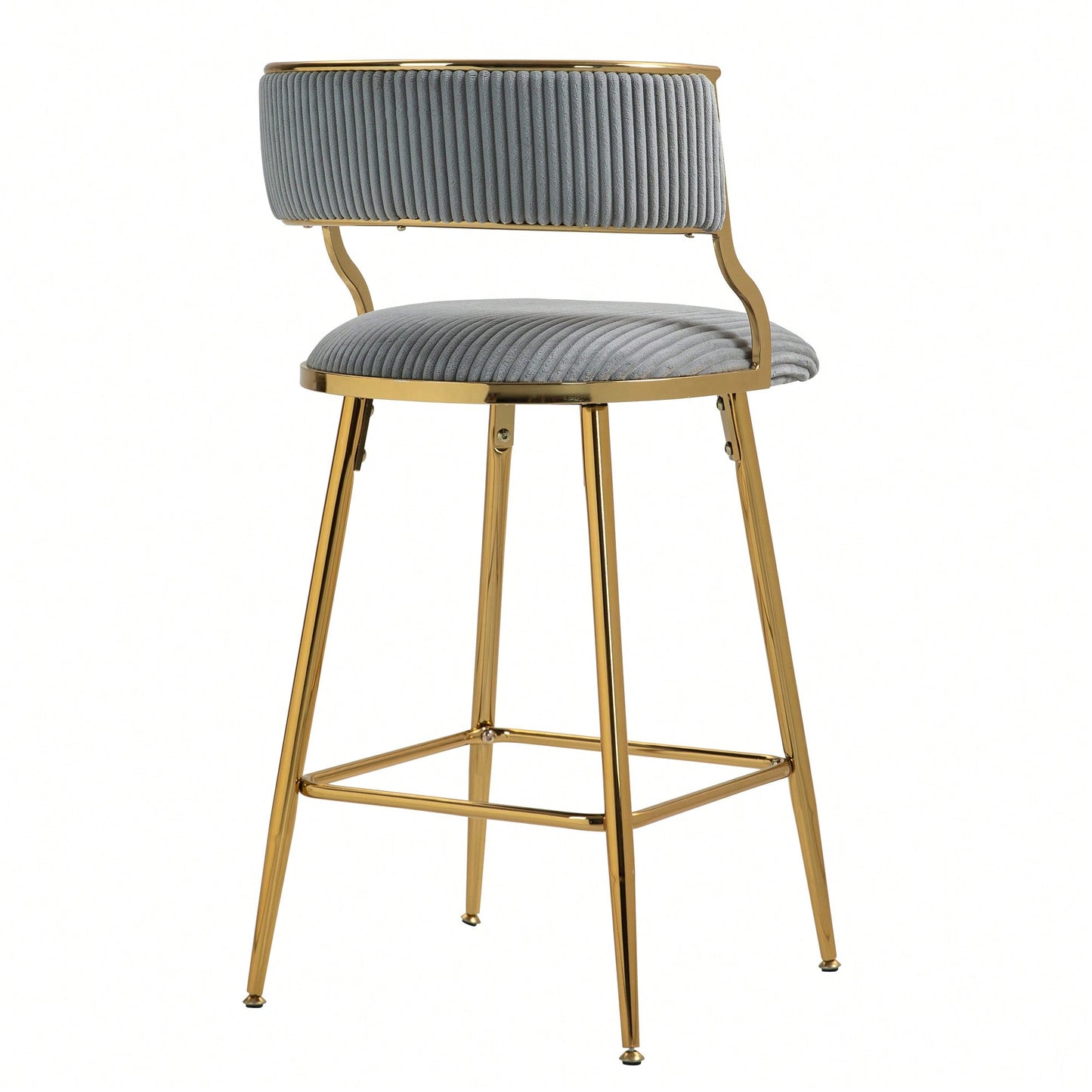 Set Of 2 Beige Corduroy Counter Height Bar Stools With Back And Golden Chrome Base Footrest For Kitchen Island