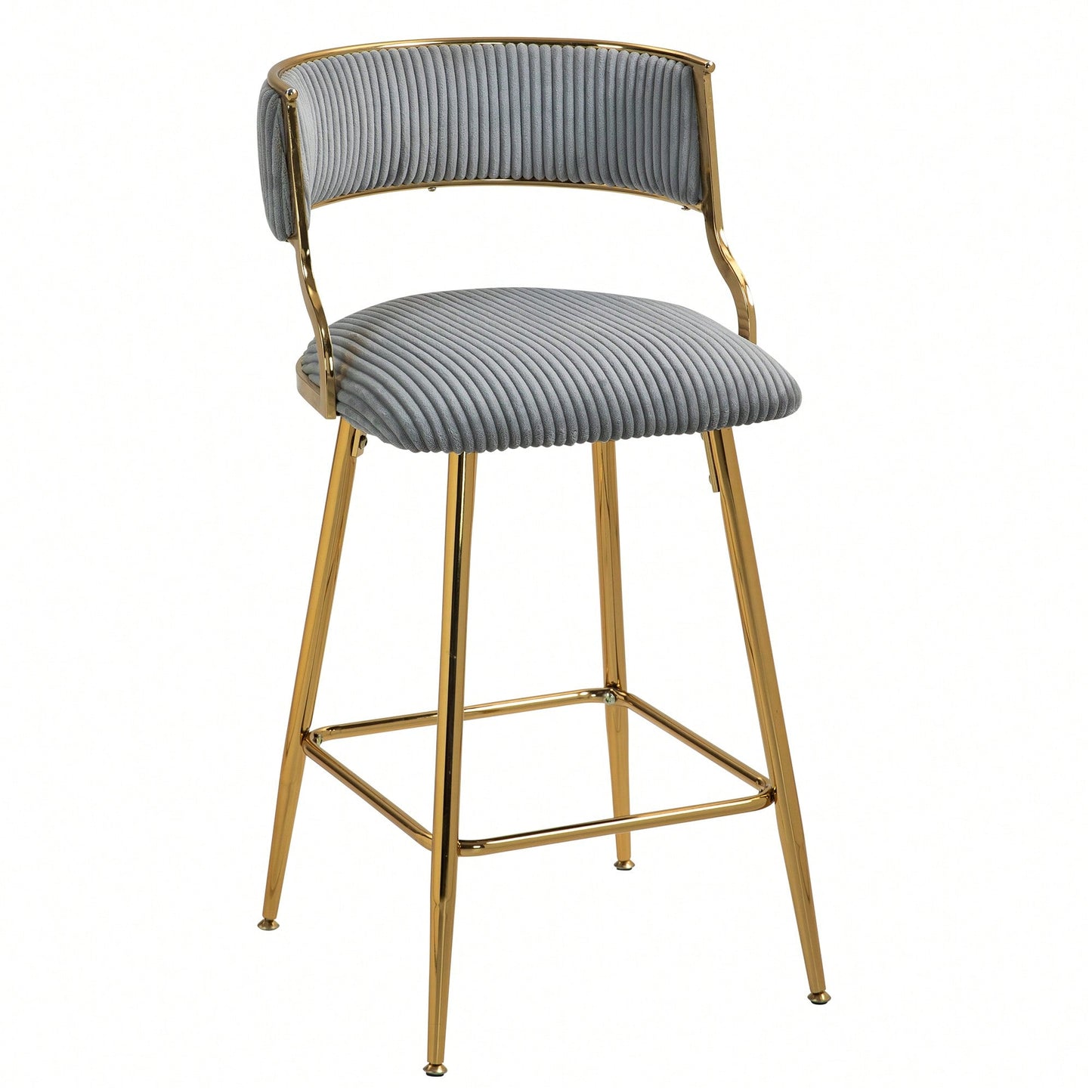 Set Of 2 Beige Corduroy Counter Height Bar Stools With Back And Golden Chrome Base Footrest For Kitchen Island