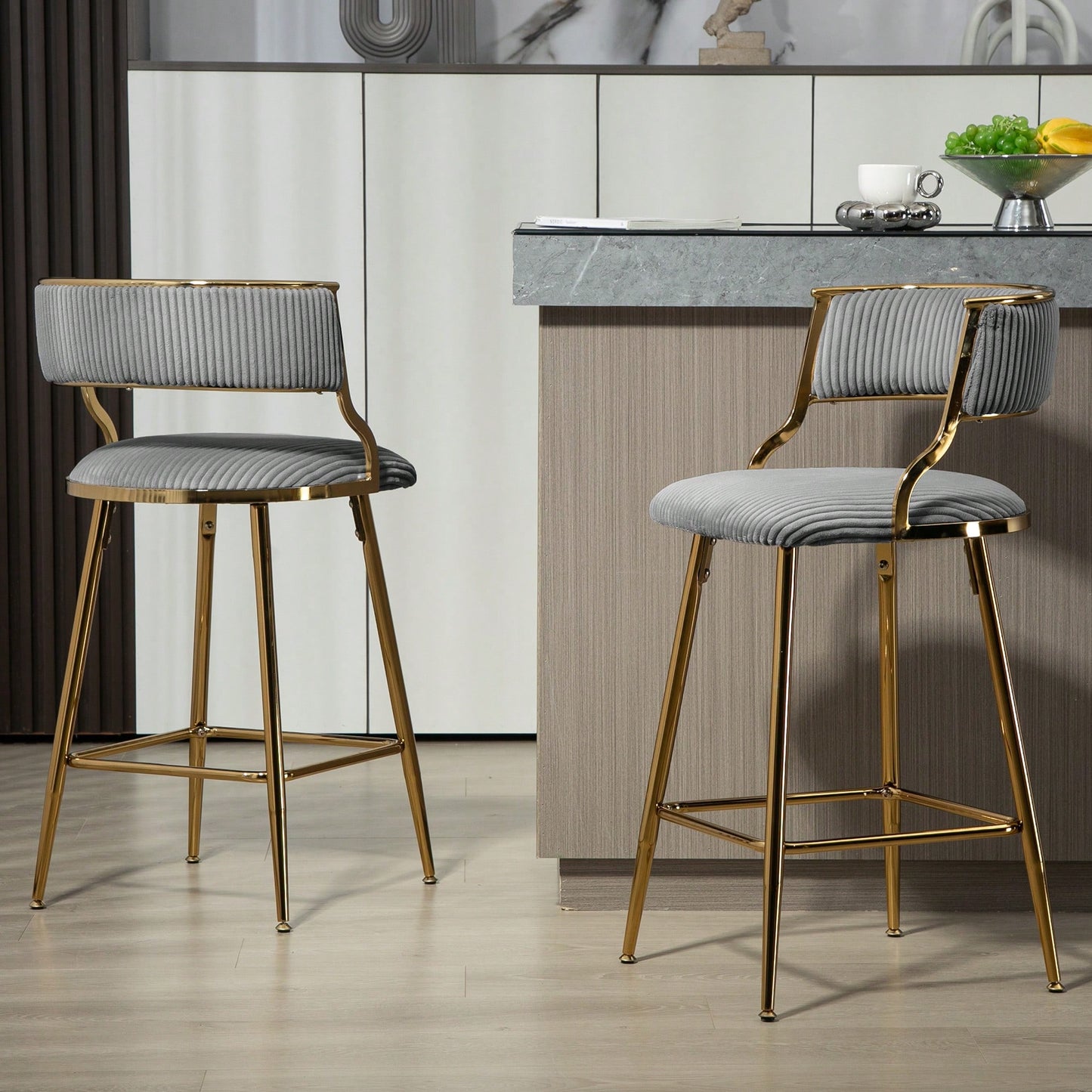 Set Of 2 Beige Corduroy Counter Height Bar Stools With Back And Golden Chrome Base Footrest For Kitchen Island