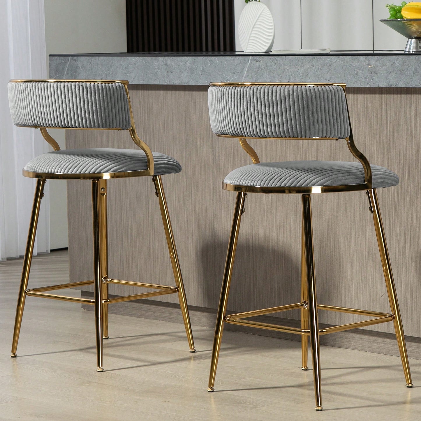 Set Of 2 Beige Corduroy Counter Height Bar Stools With Back And Golden Chrome Base Footrest For Kitchen Island