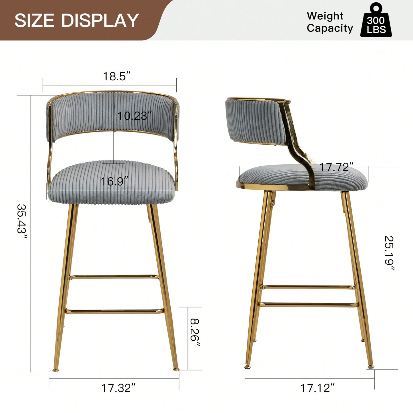 Set Of 2 Beige Corduroy Counter Height Bar Stools With Back And Golden Chrome Base Footrest For Kitchen Island