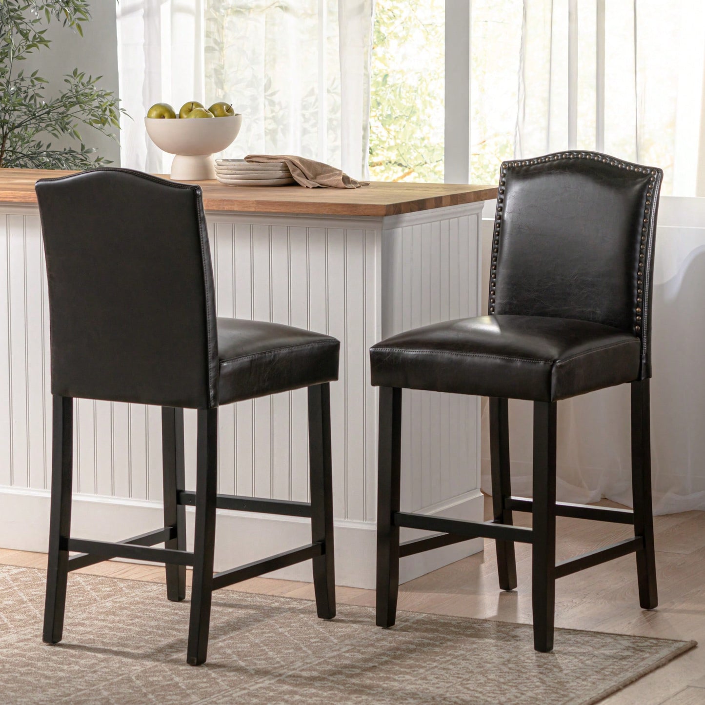 Set Of 2 Charcoal Upholstered Counter Height Barstools With Nailhead Trim And Walnut Legs