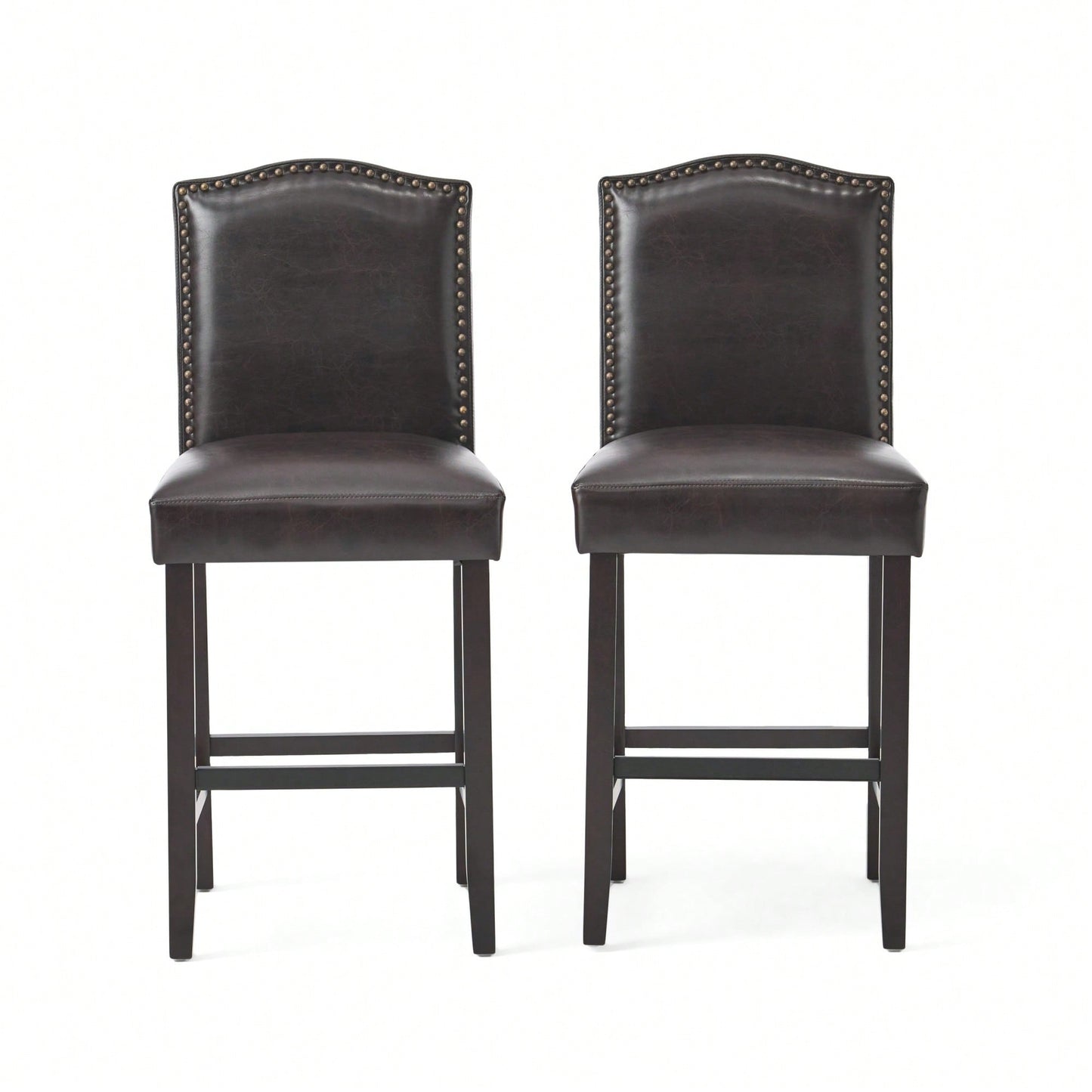 Set Of 2 Charcoal Upholstered Counter Height Barstools With Nailhead Trim And Walnut Legs