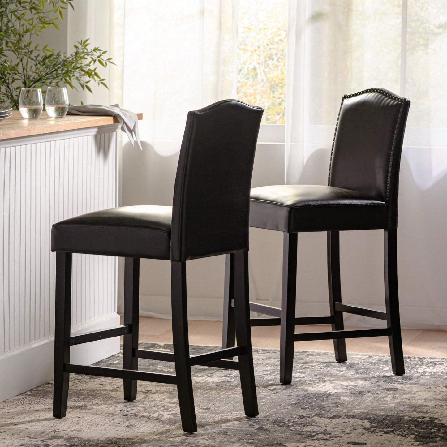 Set Of 2 Charcoal Upholstered Counter Height Barstools With Nailhead Trim And Walnut Legs