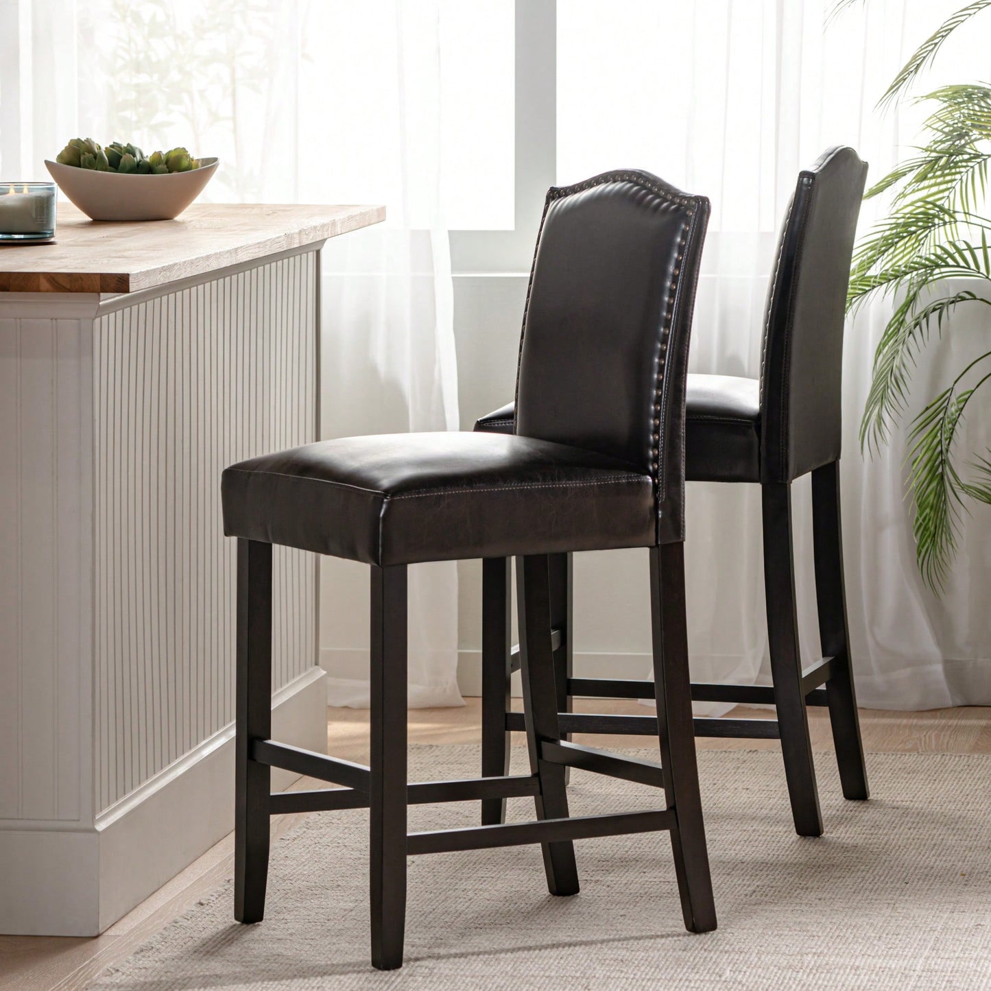 Set Of 2 Charcoal Upholstered Counter Height Barstools With Nailhead Trim And Walnut Legs