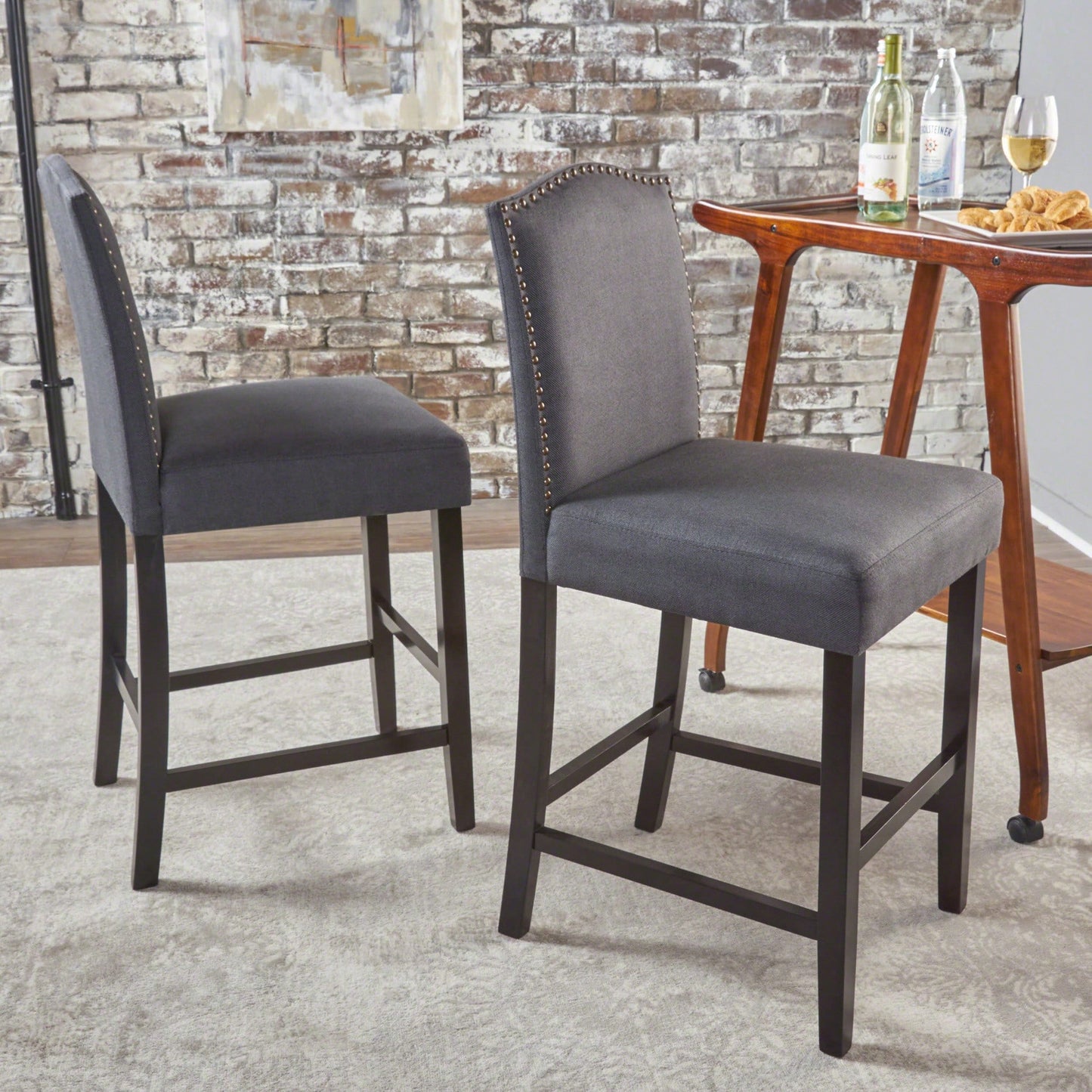 Set Of 2 Charcoal Upholstered Counter Height Barstools With Nailhead Trim And Walnut Legs