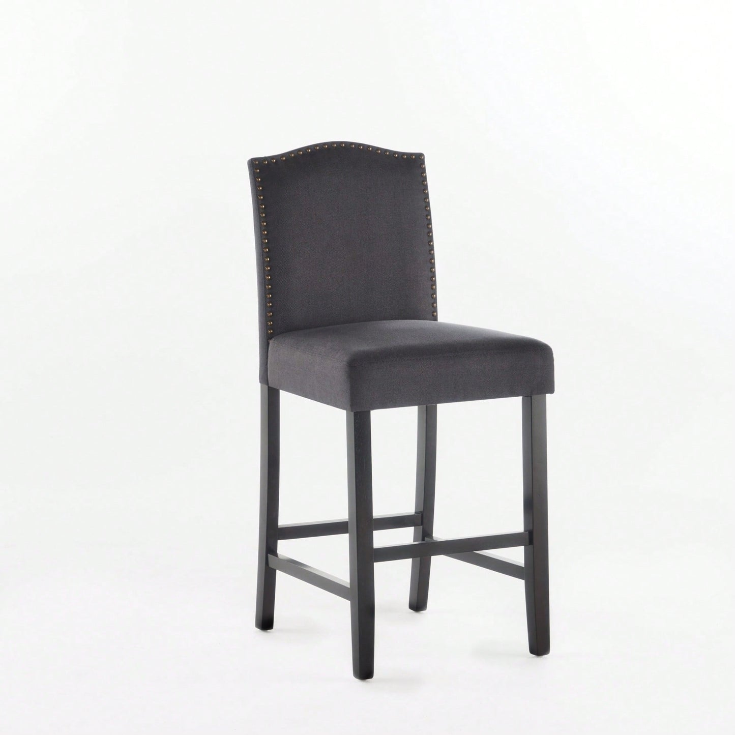 Set Of 2 Charcoal Upholstered Counter Height Barstools With Nailhead Trim And Walnut Legs