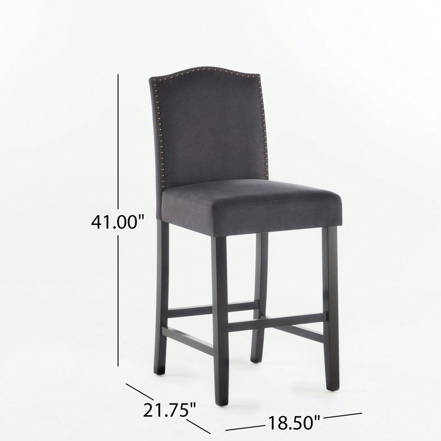 Set Of 2 Charcoal Upholstered Counter Height Barstools With Nailhead Trim And Walnut Legs