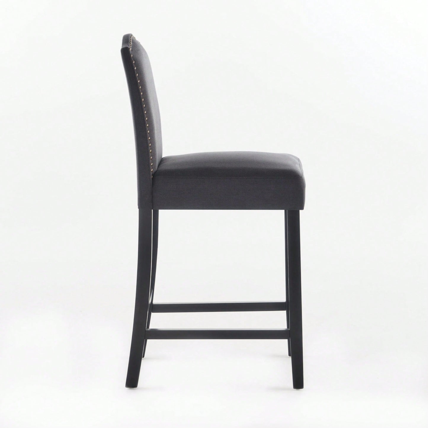 Set Of 2 Charcoal Upholstered Counter Height Barstools With Nailhead Trim And Walnut Legs