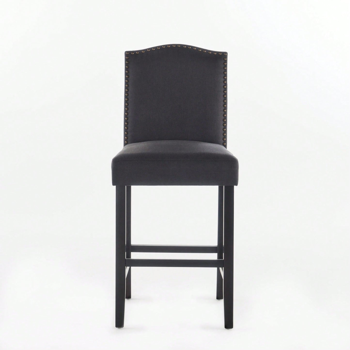 Set Of 2 Charcoal Upholstered Counter Height Barstools With Nailhead Trim And Walnut Legs