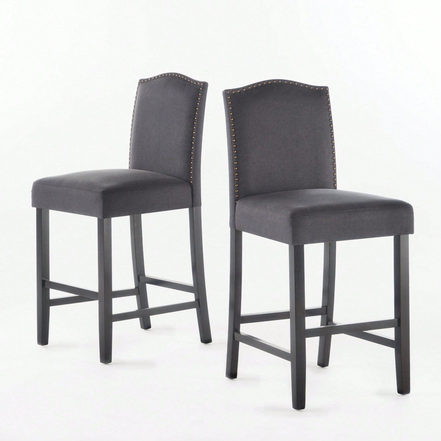 Set Of 2 Charcoal Upholstered Counter Height Barstools With Nailhead Trim And Walnut Legs