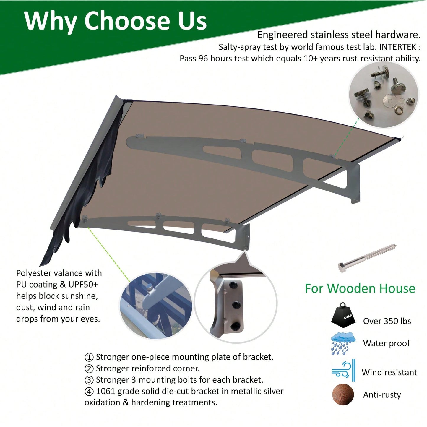 Crystal Clear Polycarbonate Door Window Awning With Aluminum Alloy Valance 47 Inch Wide X 34 Inch Deep For Wooden Wall Home Brown Roof