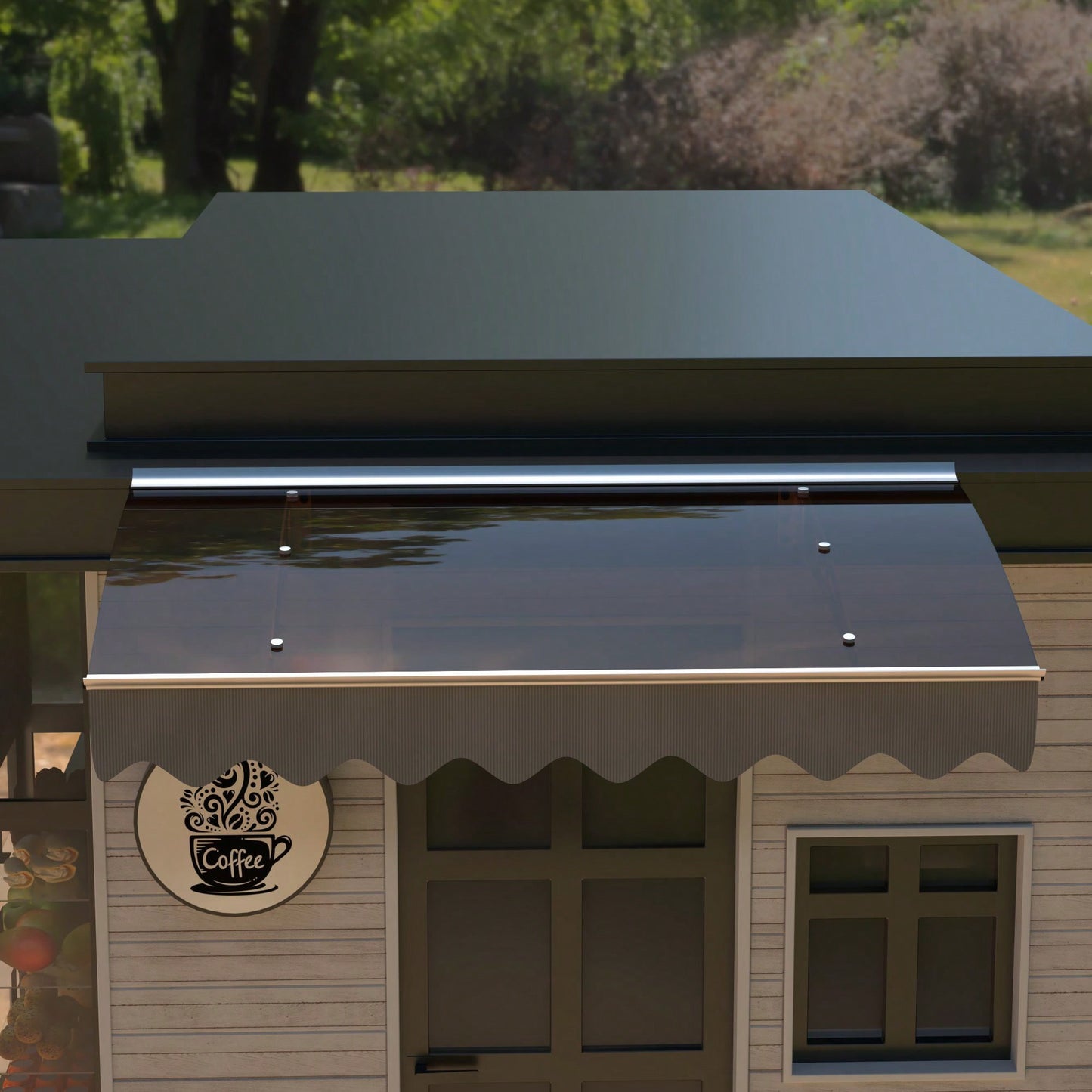 Crystal Clear Polycarbonate Door Window Awning With Aluminum Alloy Valance 47 Inch Wide X 34 Inch Deep For Wooden Wall Home Brown Roof