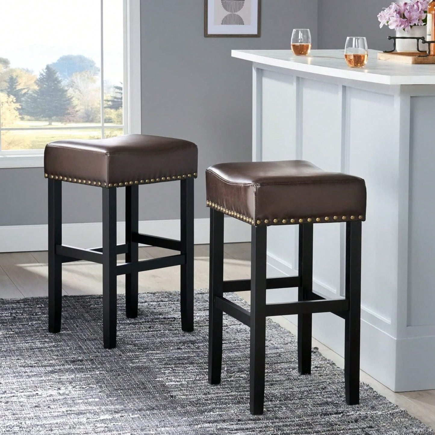 30-Inch Backless Brown Leather Counter Stool Set Of 2 For Kitchen And Dining Use