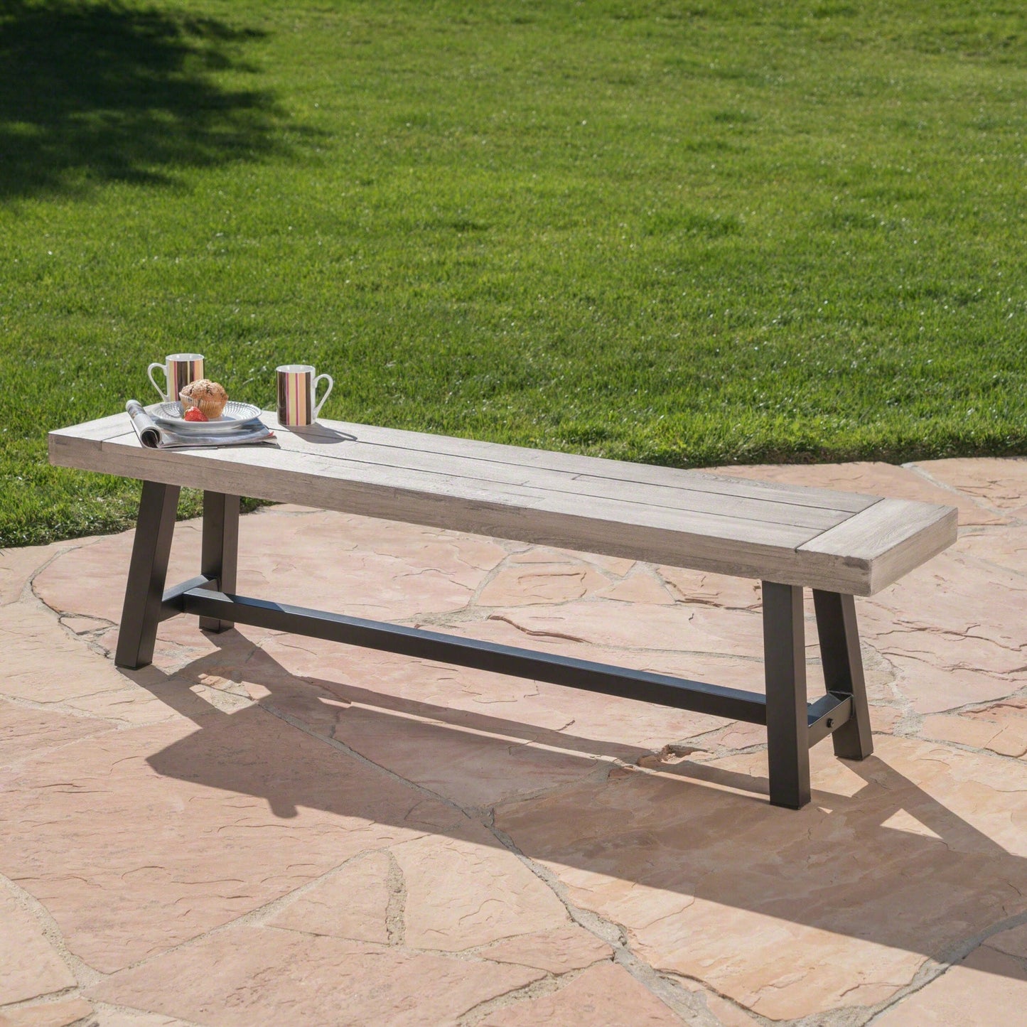 Sandblast Acacia Wood Dining Bench With Black Rustic Metal Frame Light Grey