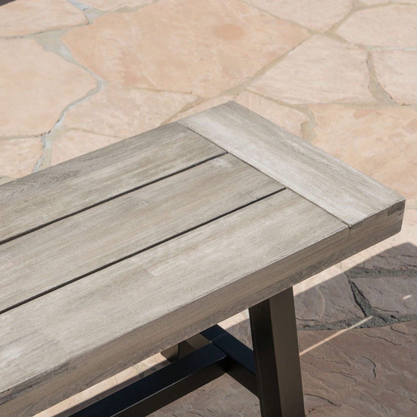 Sandblast Acacia Wood Dining Bench With Black Rustic Metal Frame Light Grey