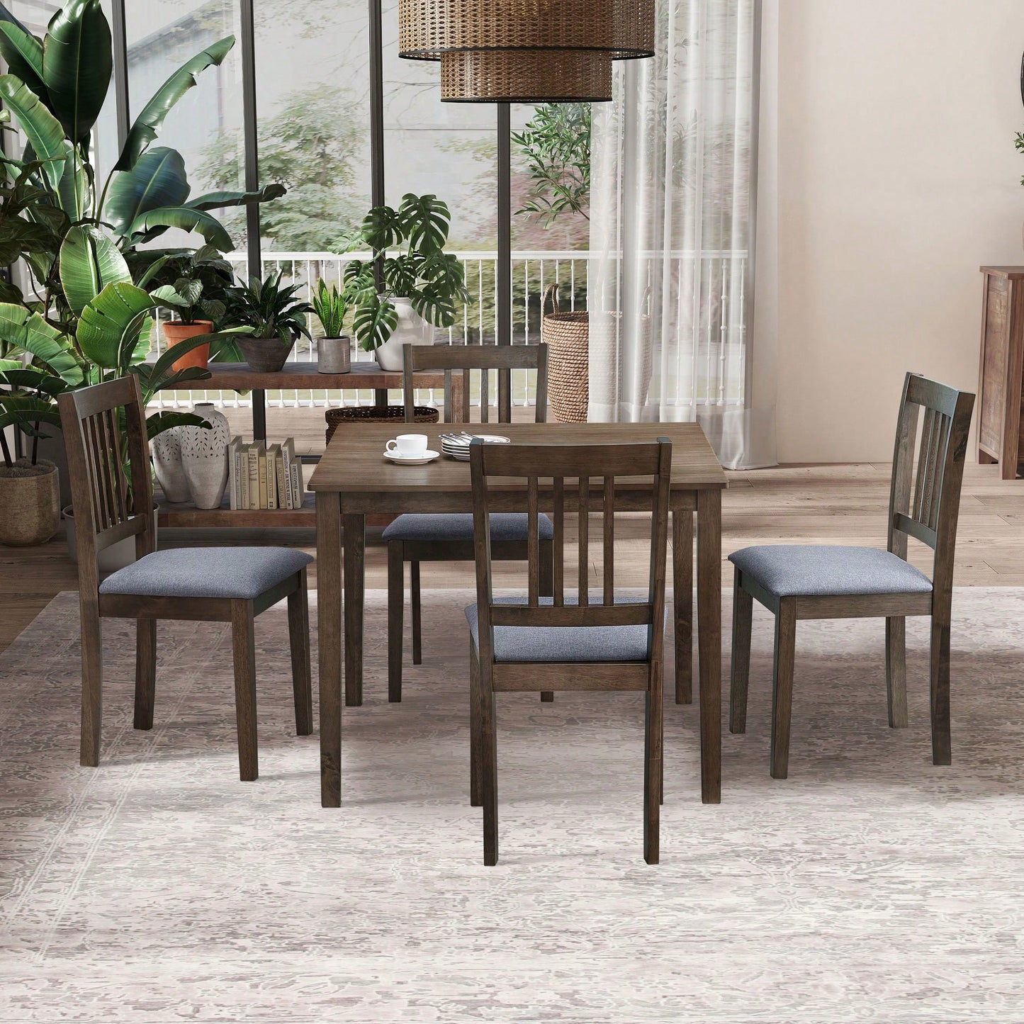 Mid Century Modern Square Wooden Dining Table Set With Upholstered Chairs For Space-Saving Kitchen And Dining Room, Oak Finish