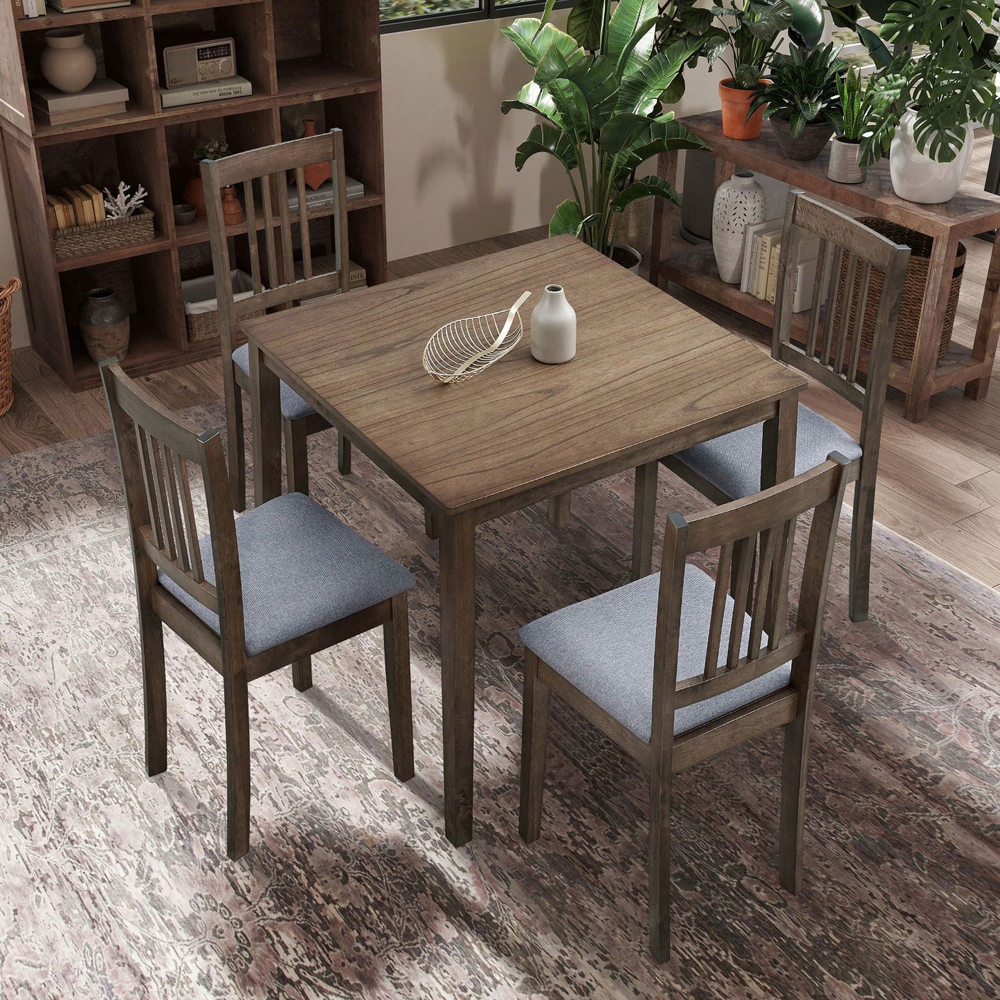 Mid Century Modern Square Wooden Dining Table Set With Upholstered Chairs For Space-Saving Kitchen And Dining Room, Oak Finish