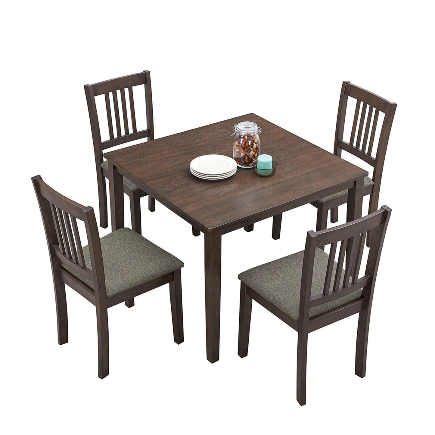 Mid Century Modern Square Wooden Dining Table Set With Upholstered Chairs For Space-Saving Kitchen And Dining Room, Oak Finish