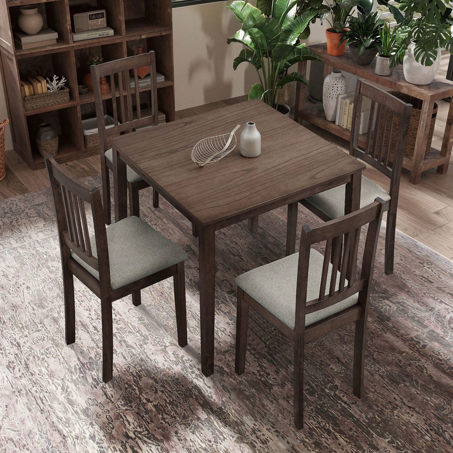 Mid Century Modern Square Wooden Dining Table Set With Upholstered Chairs For Space-Saving Kitchen And Dining Room, Oak Finish