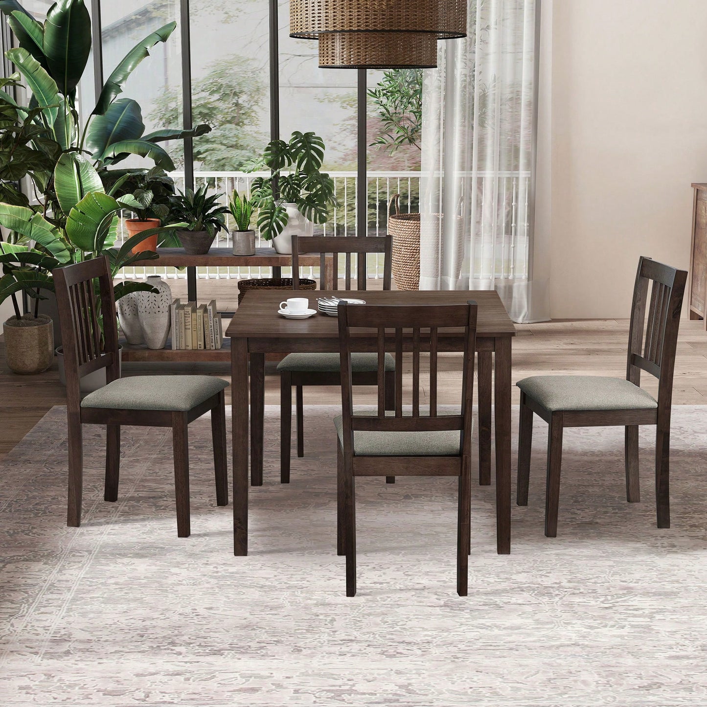Mid Century Modern Square Wooden Dining Table Set With Upholstered Chairs For Space-Saving Kitchen And Dining Room, Oak Finish