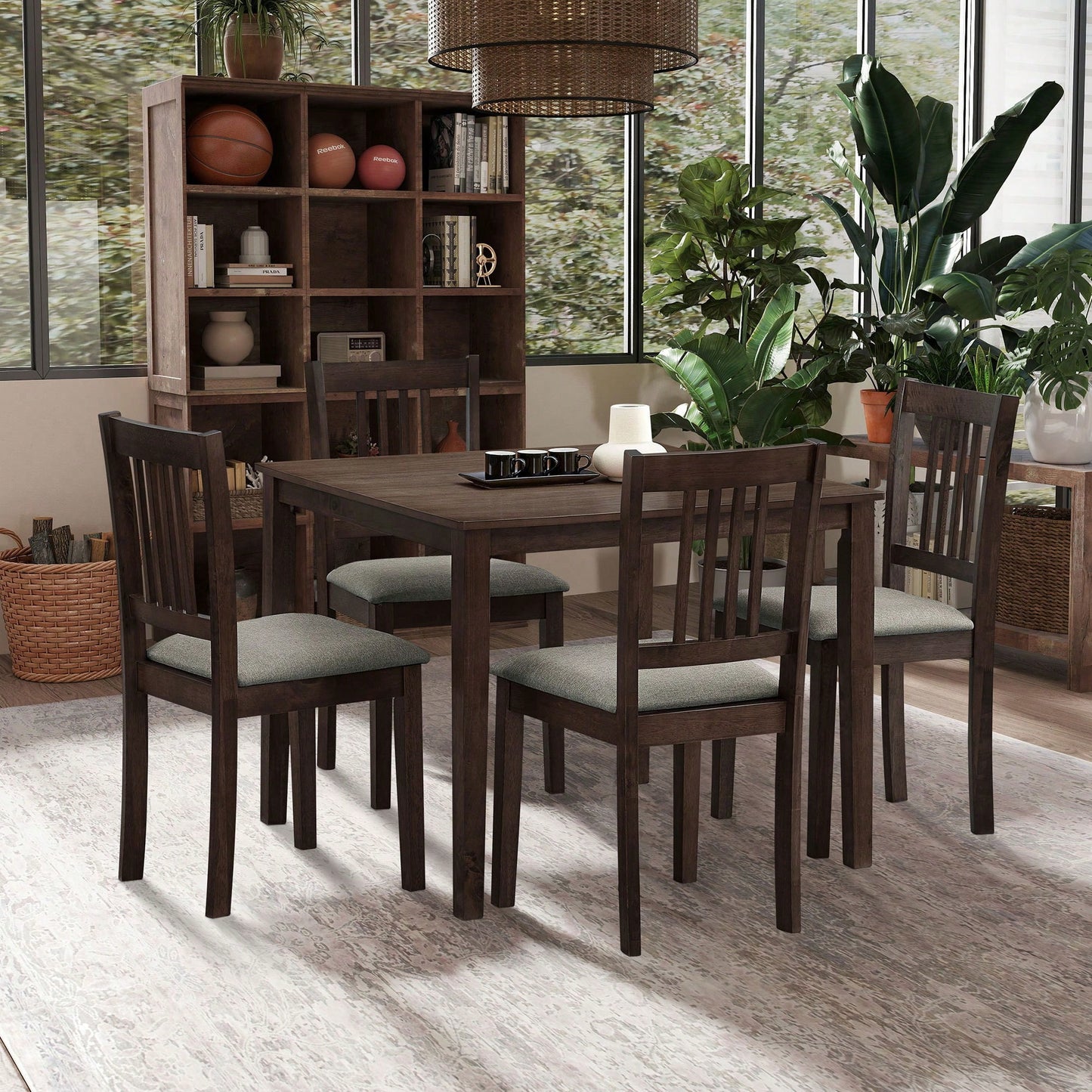 Mid Century Modern Square Wooden Dining Table Set With Upholstered Chairs For Space-Saving Kitchen And Dining Room, Oak Finish