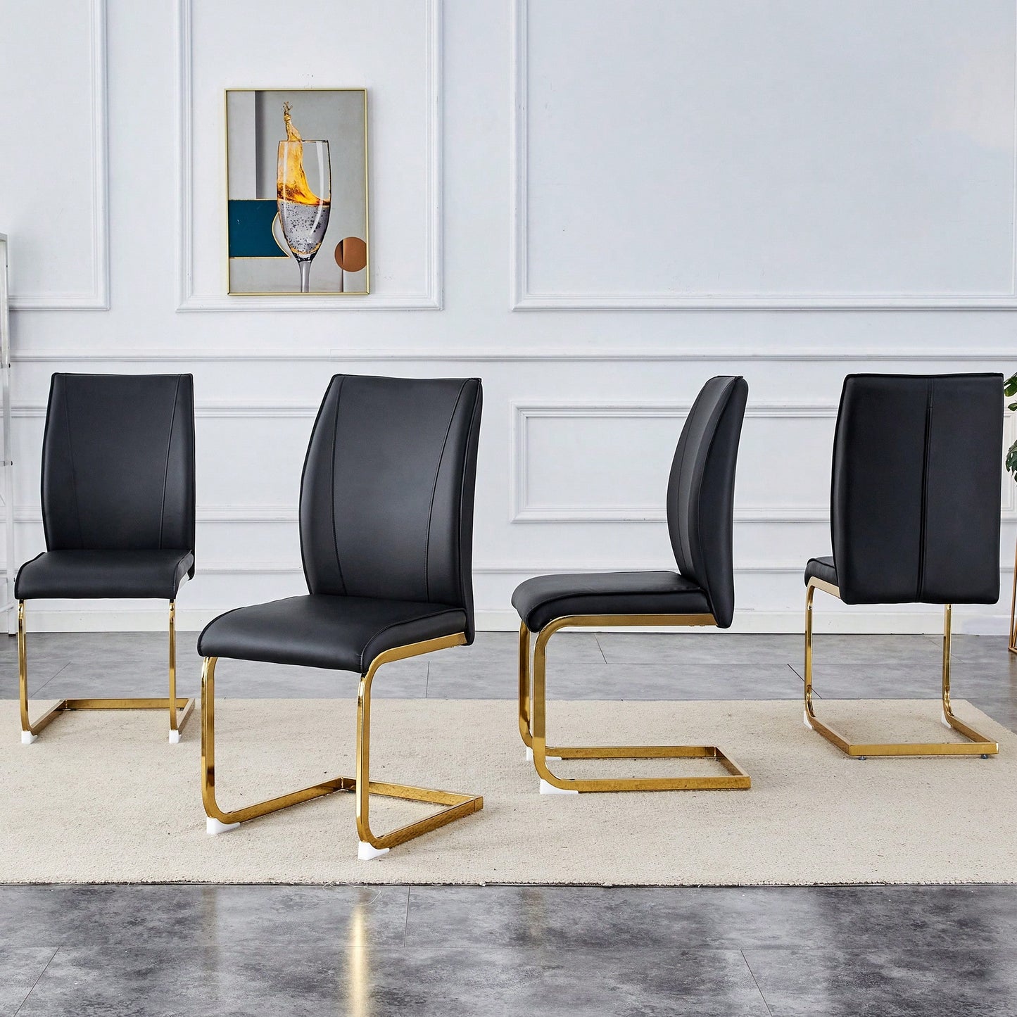Set Of 4 Black PU High Resilience Dining Chairs With Gold Arched Metal Legs