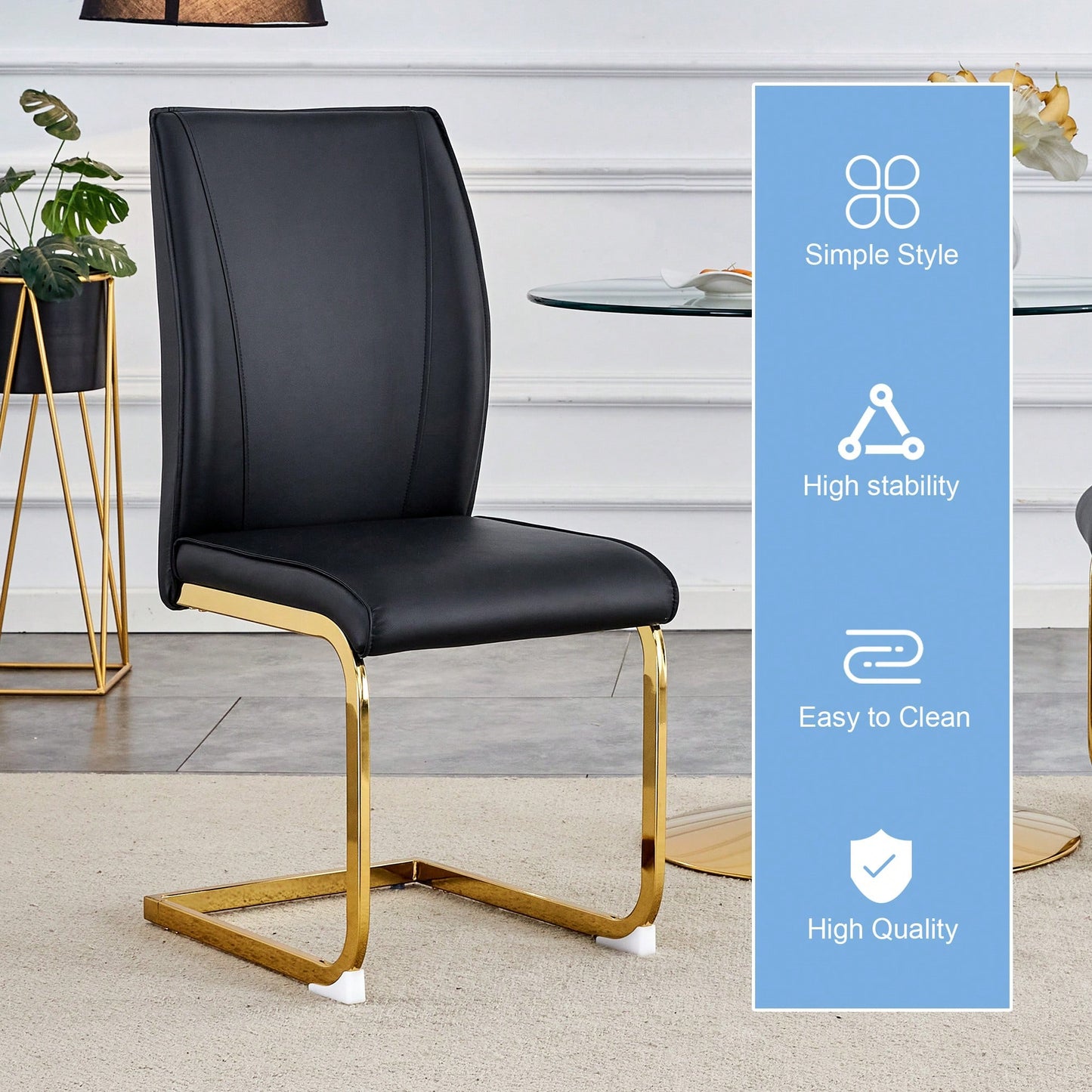 Set Of 4 Black PU High Resilience Dining Chairs With Gold Arched Metal Legs