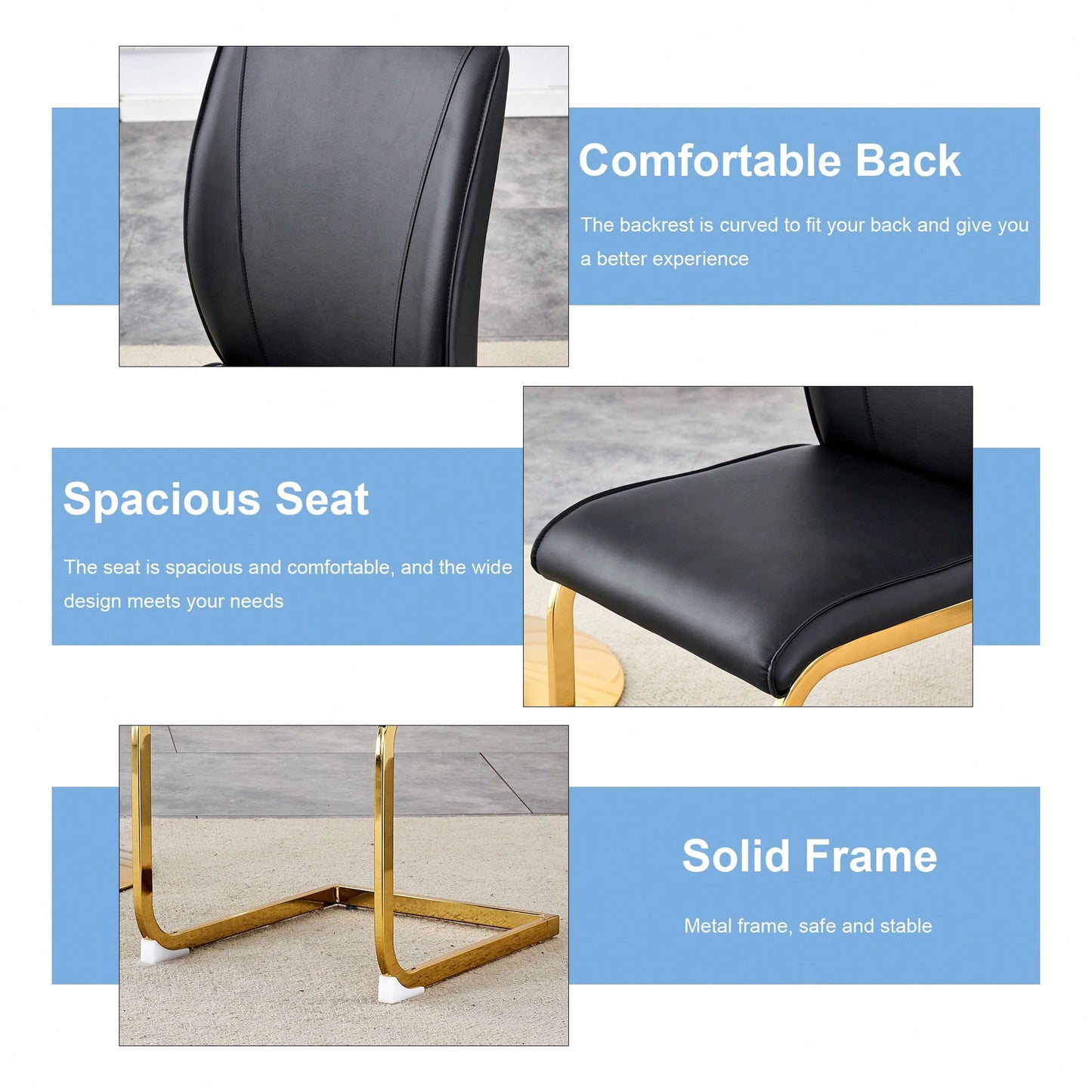 Set Of 4 Black PU High Resilience Dining Chairs With Gold Arched Metal Legs