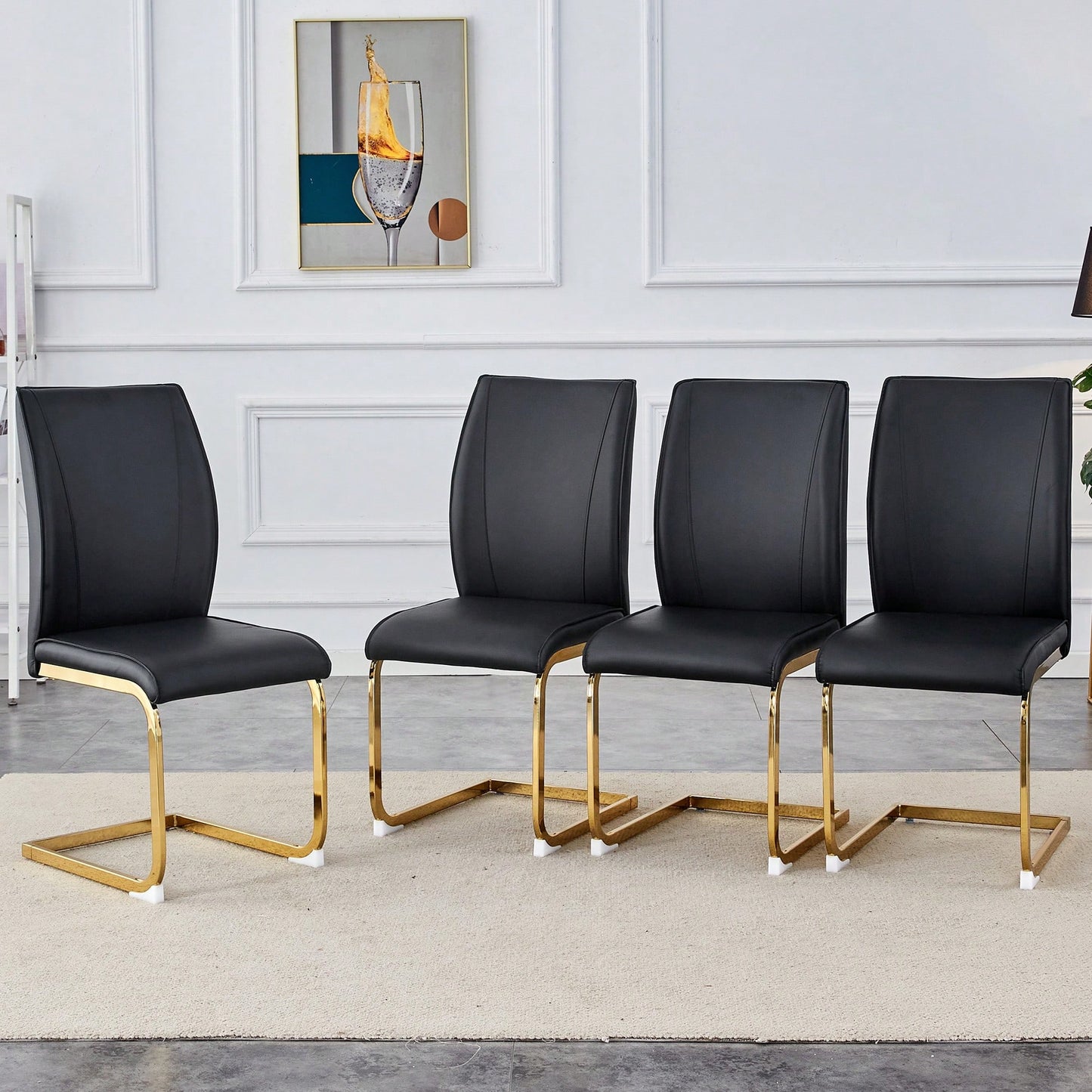 Set Of 4 Black PU High Resilience Dining Chairs With Gold Arched Metal Legs