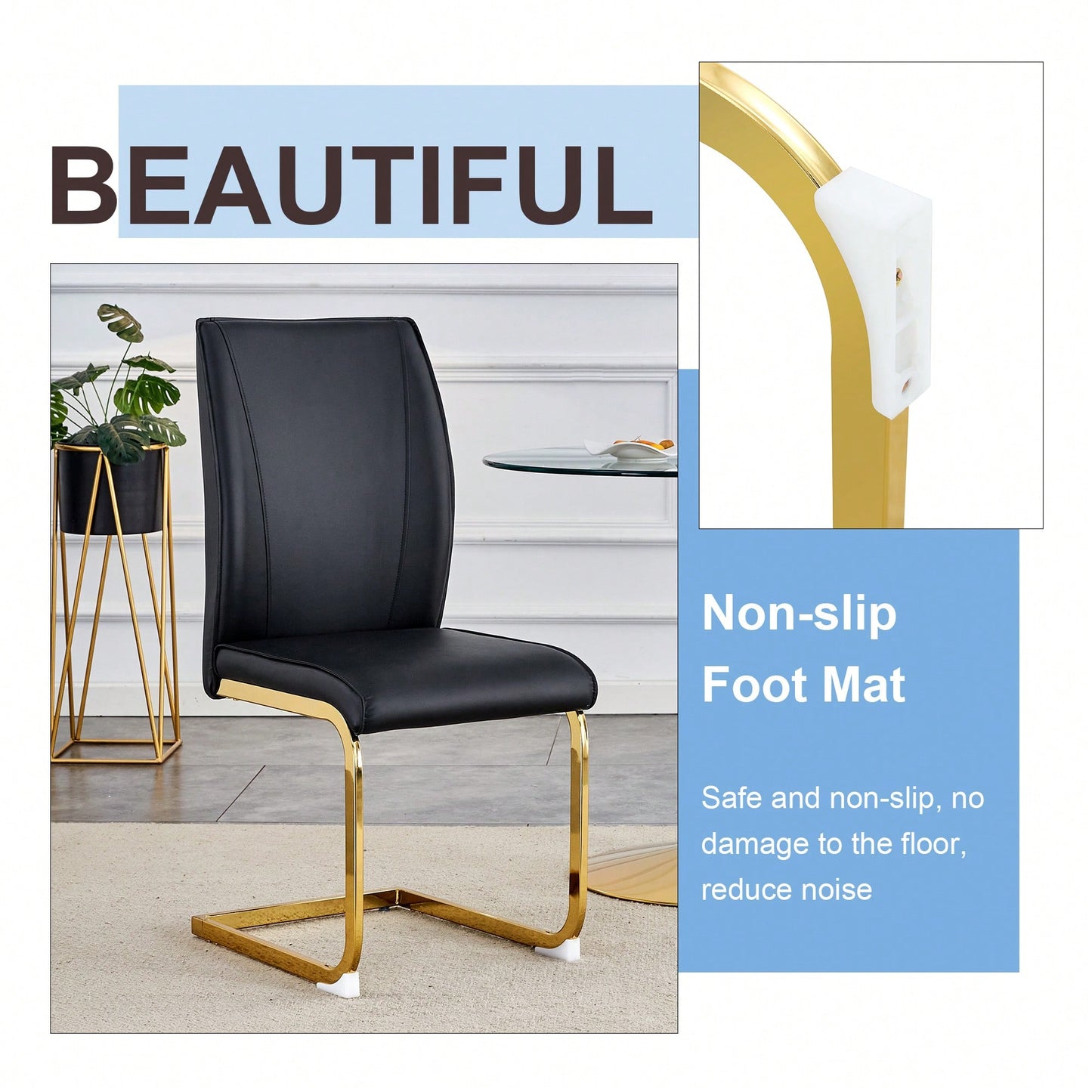 Set Of 4 Black PU High Resilience Dining Chairs With Gold Arched Metal Legs