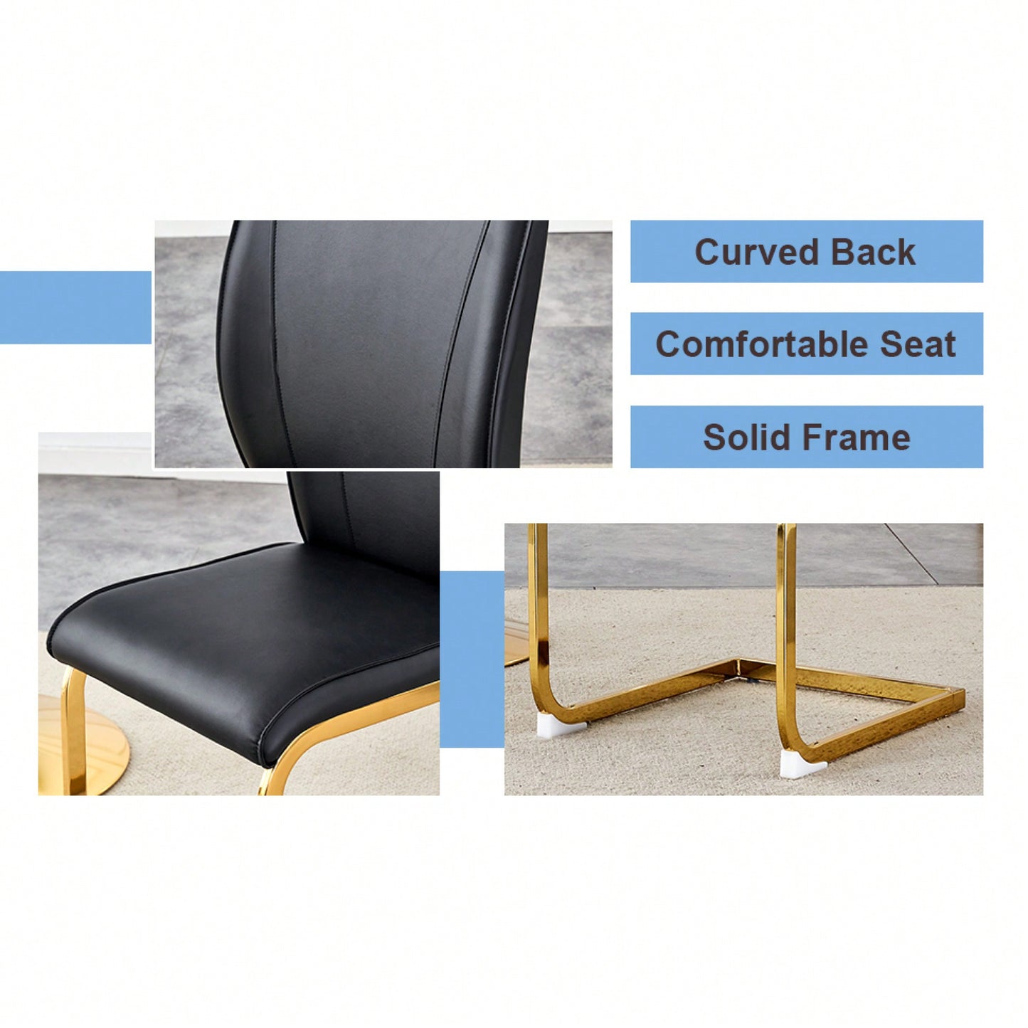 Set Of 4 Black PU High Resilience Dining Chairs With Gold Arched Metal Legs