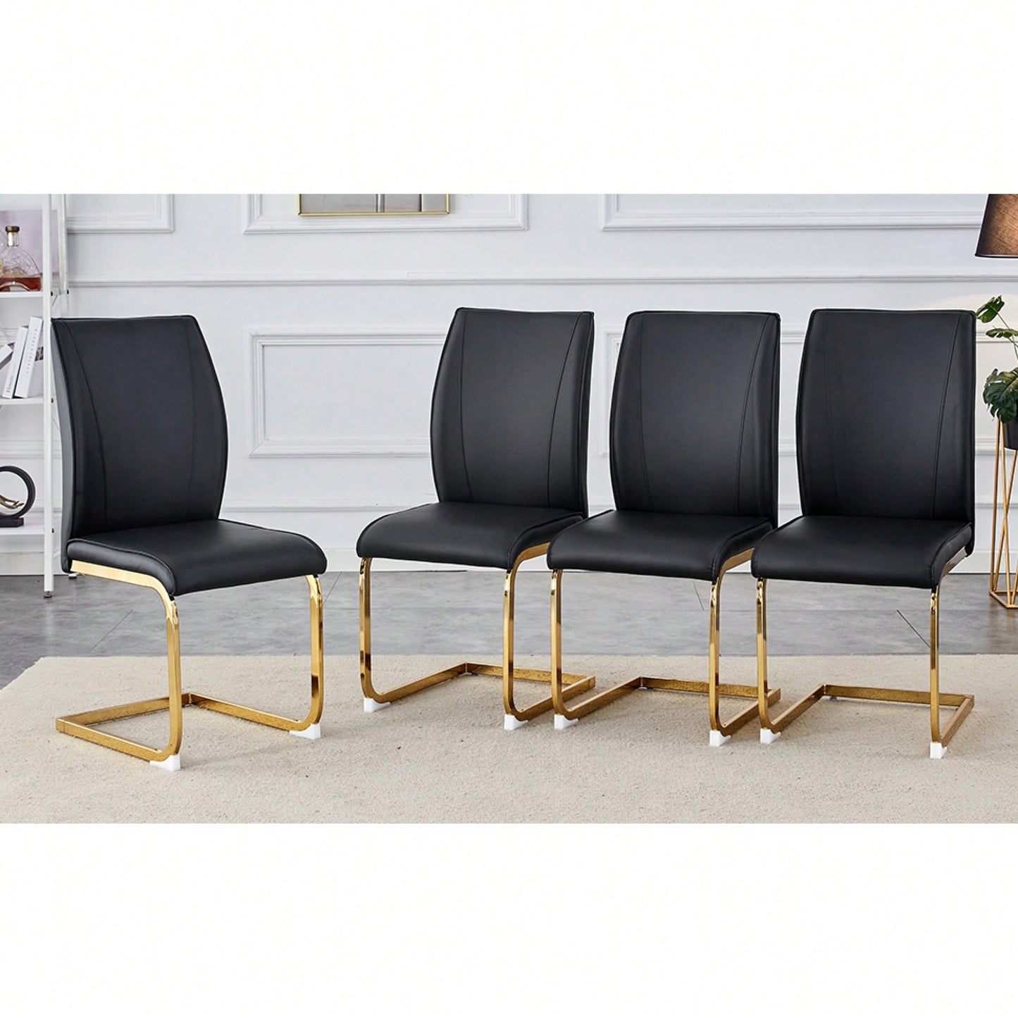 Set Of 4 Black PU High Resilience Dining Chairs With Gold Arched Metal Legs