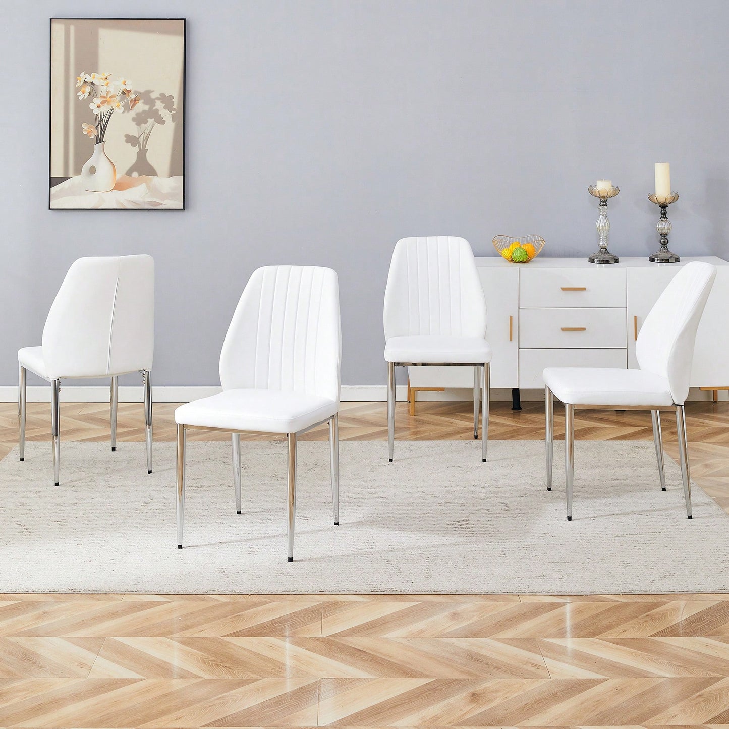 Set Of Four Modern White PU Dining Chairs With Silver Metal Legs For Restaurants And Cafes