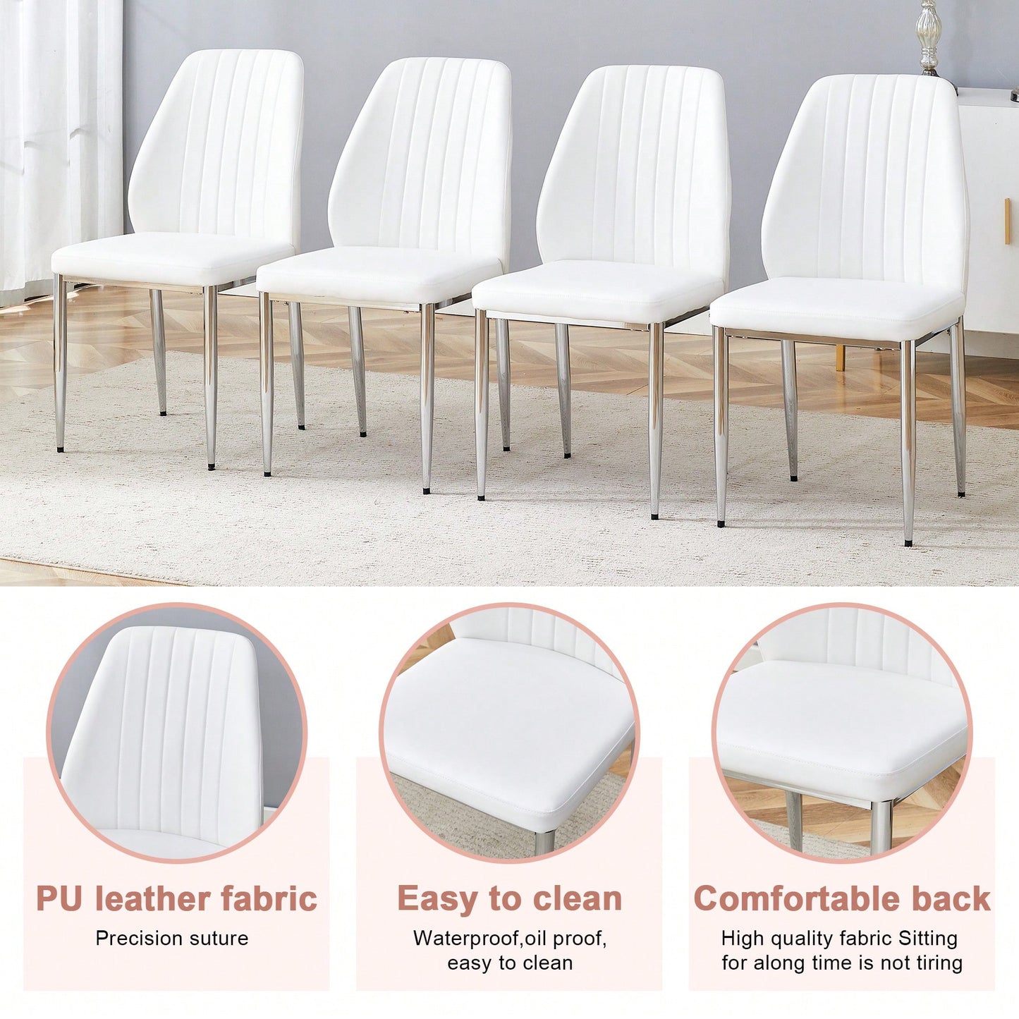 Set Of Four Modern White PU Dining Chairs With Silver Metal Legs For Restaurants And Cafes