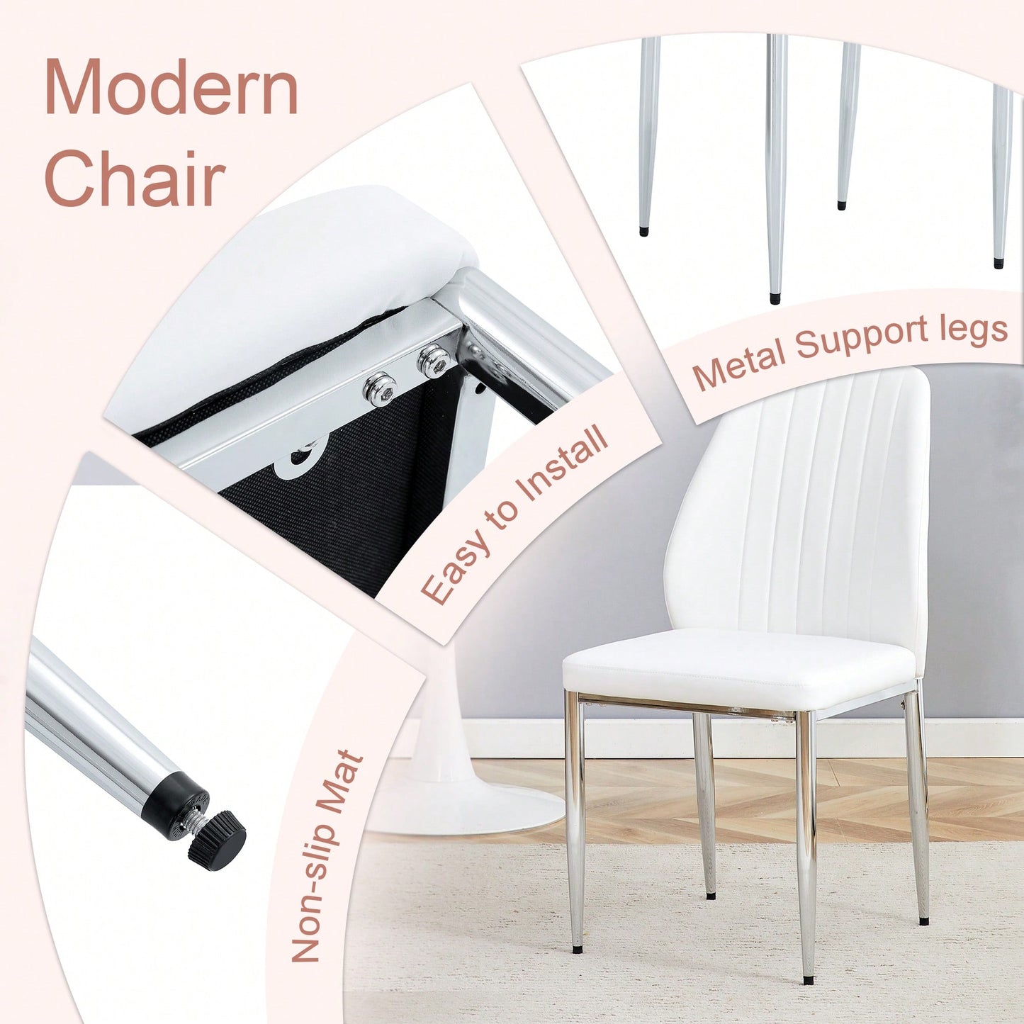 Set Of Four Modern White PU Dining Chairs With Silver Metal Legs For Restaurants And Cafes