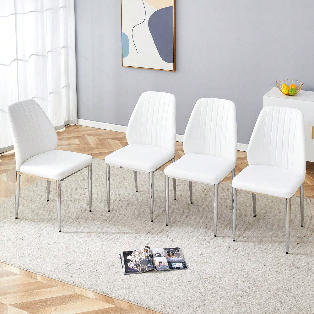 Set Of Four Modern White PU Dining Chairs With Silver Metal Legs For Restaurants And Cafes