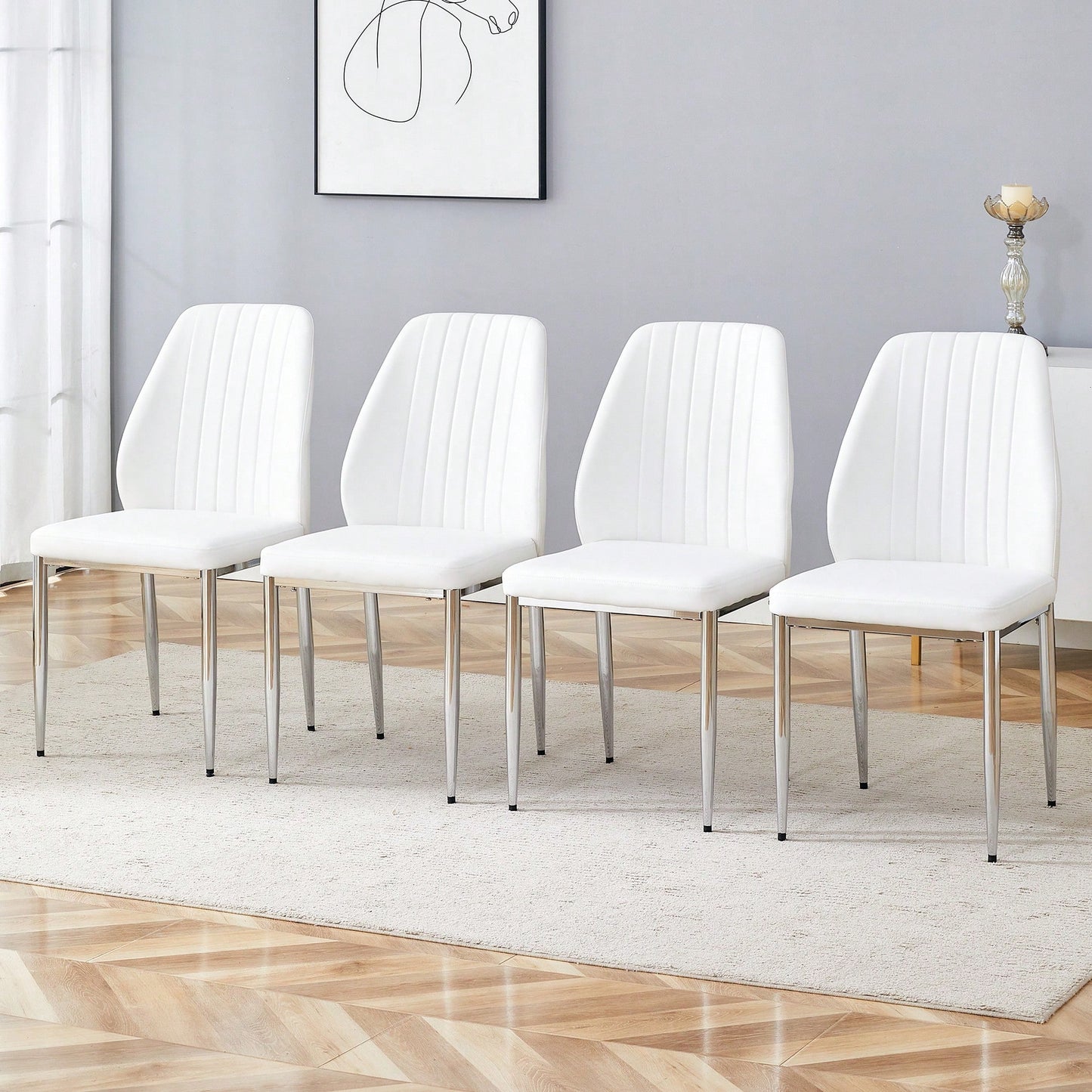 Set Of Four Modern White PU Dining Chairs With Silver Metal Legs For Restaurants And Cafes
