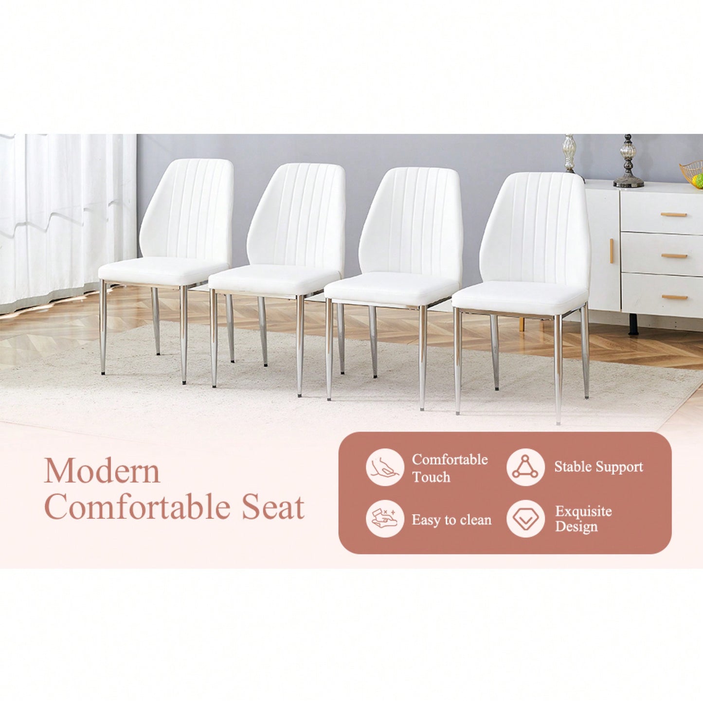 Set Of Four Modern White PU Dining Chairs With Silver Metal Legs For Restaurants And Cafes