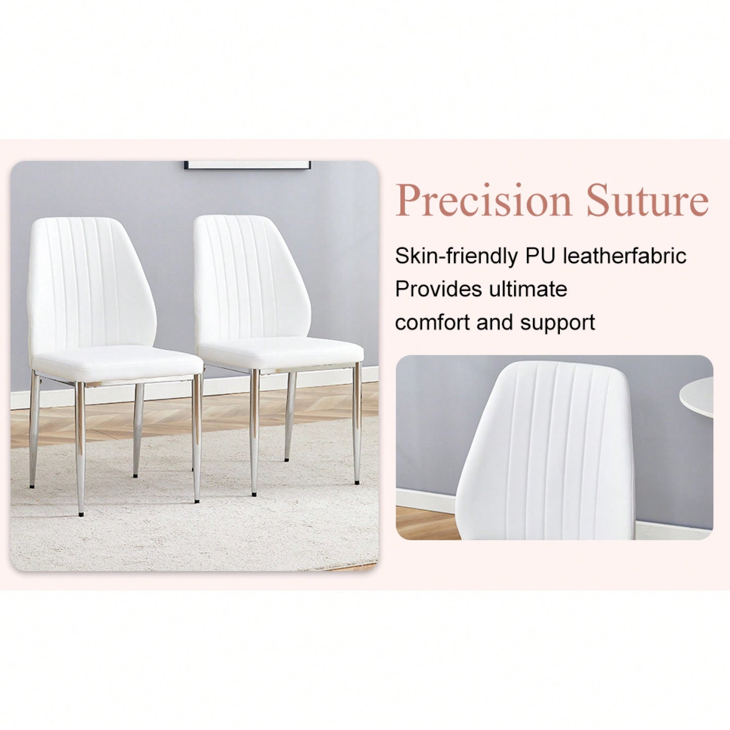 Set Of Four Modern White PU Dining Chairs With Silver Metal Legs For Restaurants And Cafes