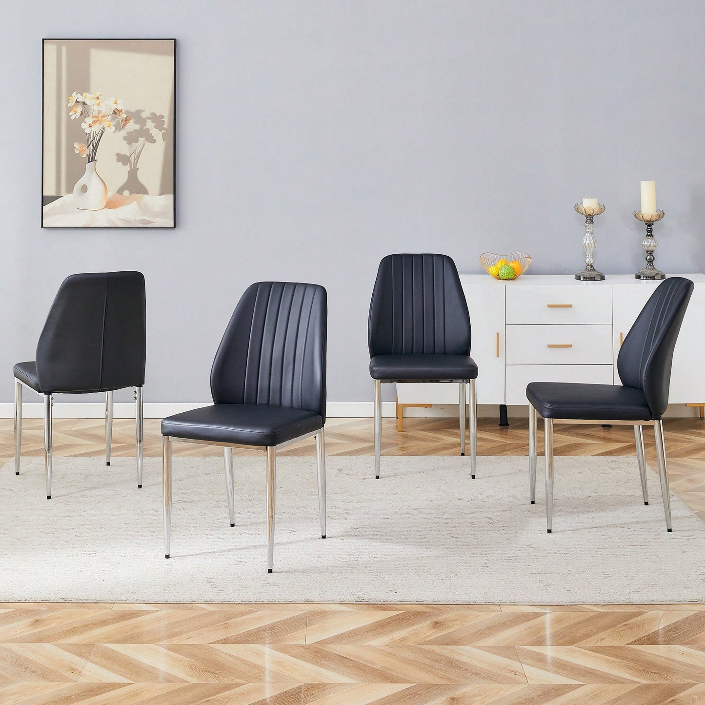 Set Of Four Modern White PU Dining Chairs With Silver Metal Legs For Restaurants And Cafes