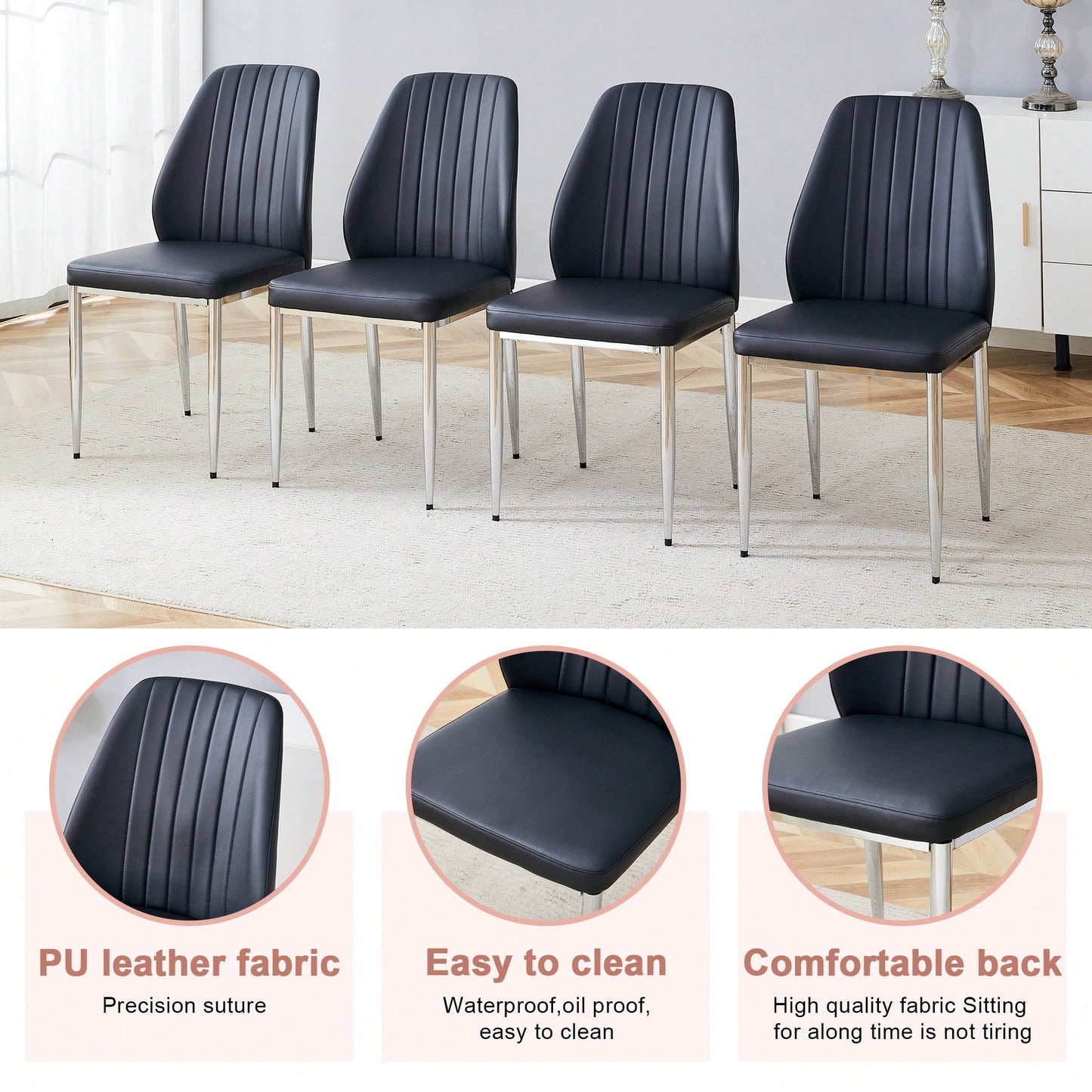 Set Of Four Modern White PU Dining Chairs With Silver Metal Legs For Restaurants And Cafes