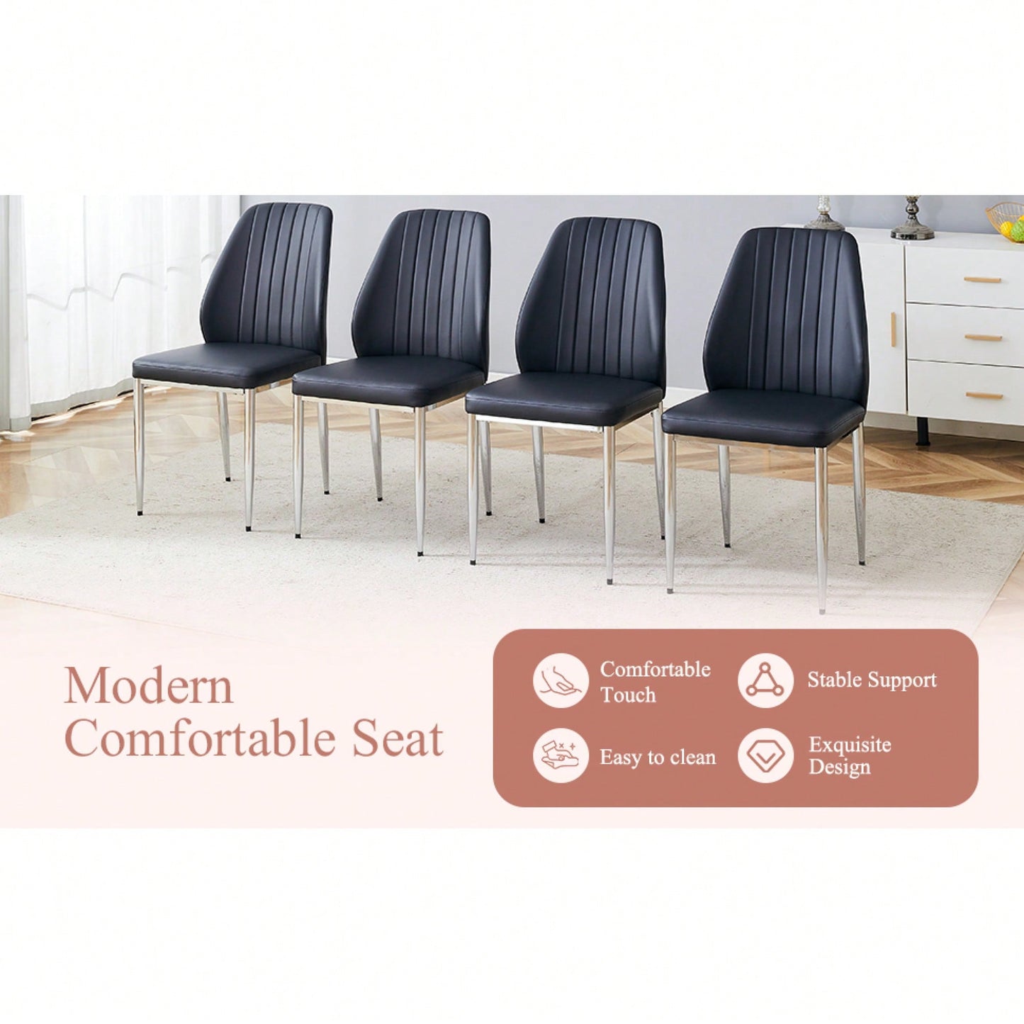 Set Of Four Modern White PU Dining Chairs With Silver Metal Legs For Restaurants And Cafes