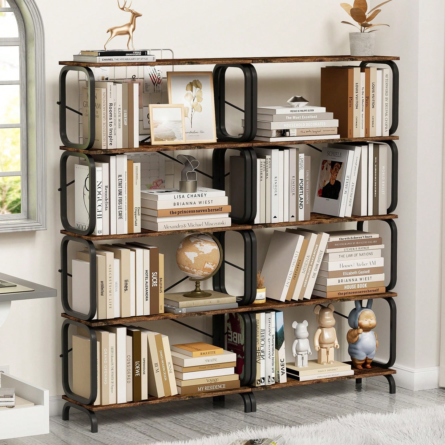 5 Tier Vintage Industrial Style Bookshelf With Metal Frame For Home Office And Living Room Rustic Brown Open Shelves