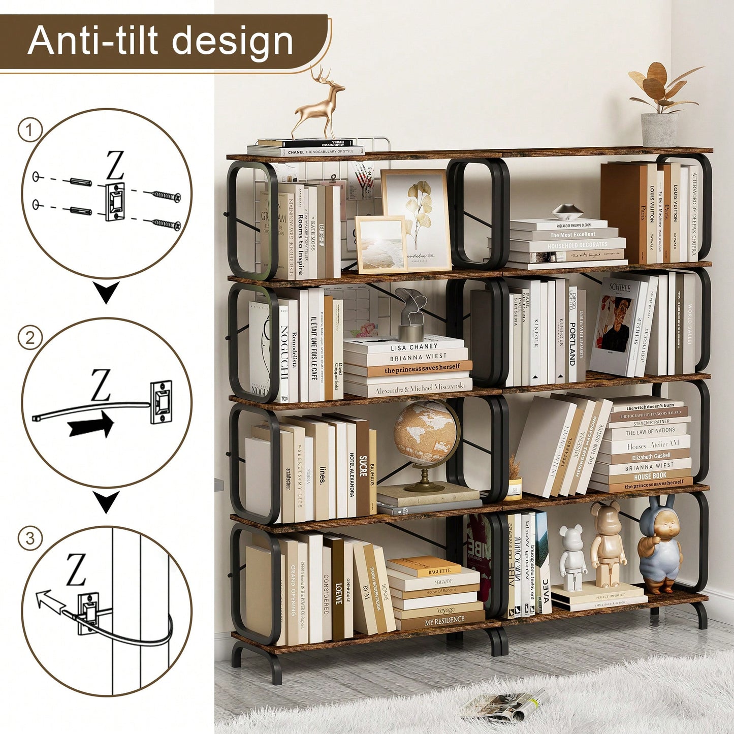 5 Tier Vintage Industrial Style Bookshelf With Metal Frame For Home Office And Living Room Rustic Brown Open Shelves