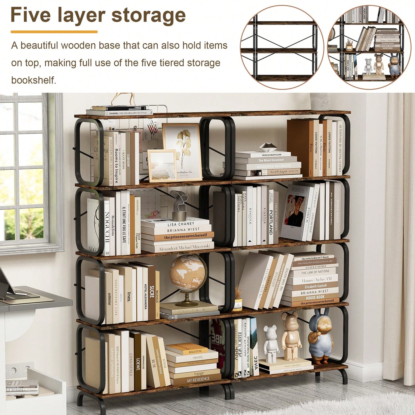 5 Tier Vintage Industrial Style Bookshelf With Metal Frame For Home Office And Living Room Rustic Brown Open Shelves