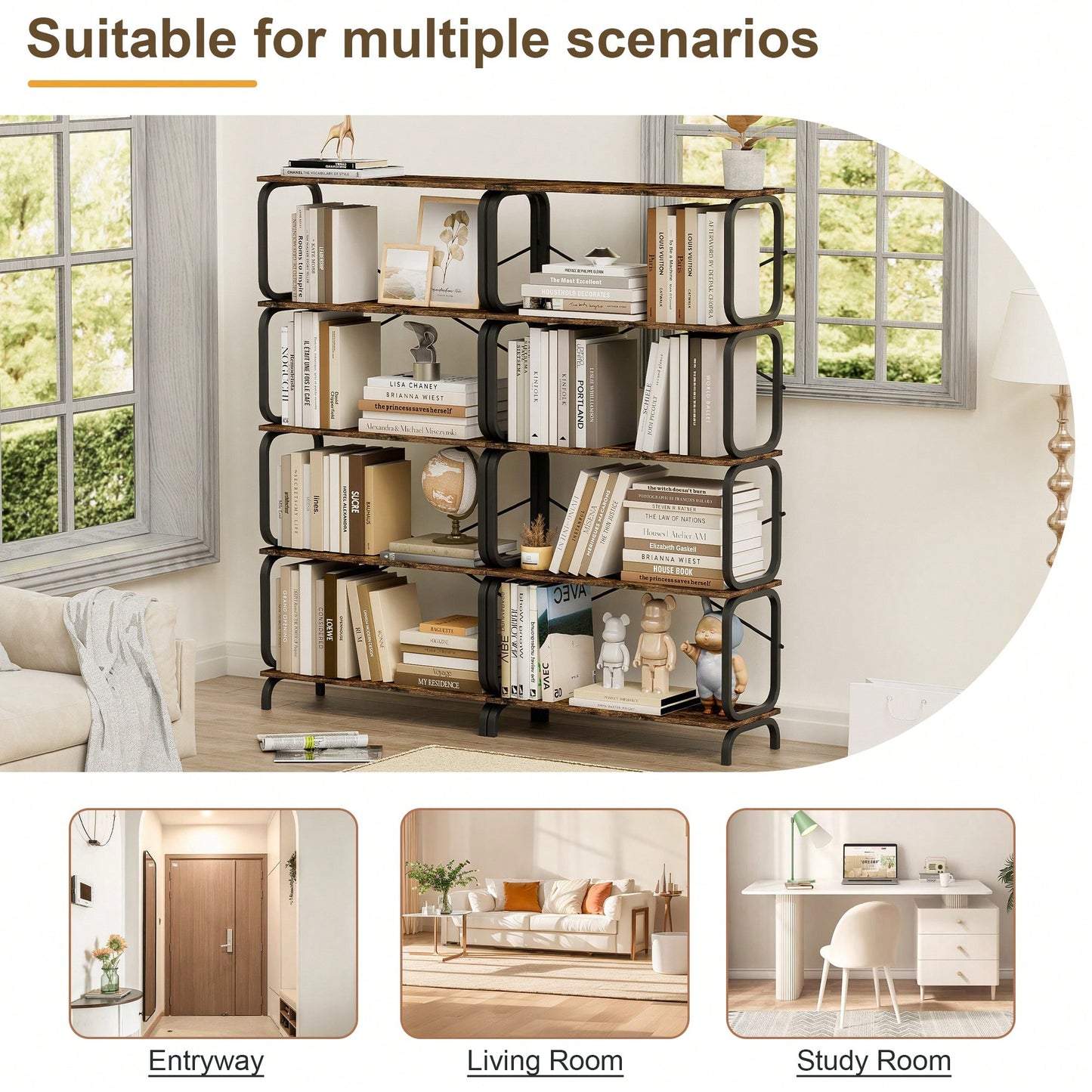 5 Tier Vintage Industrial Style Bookshelf With Metal Frame For Home Office And Living Room Rustic Brown Open Shelves