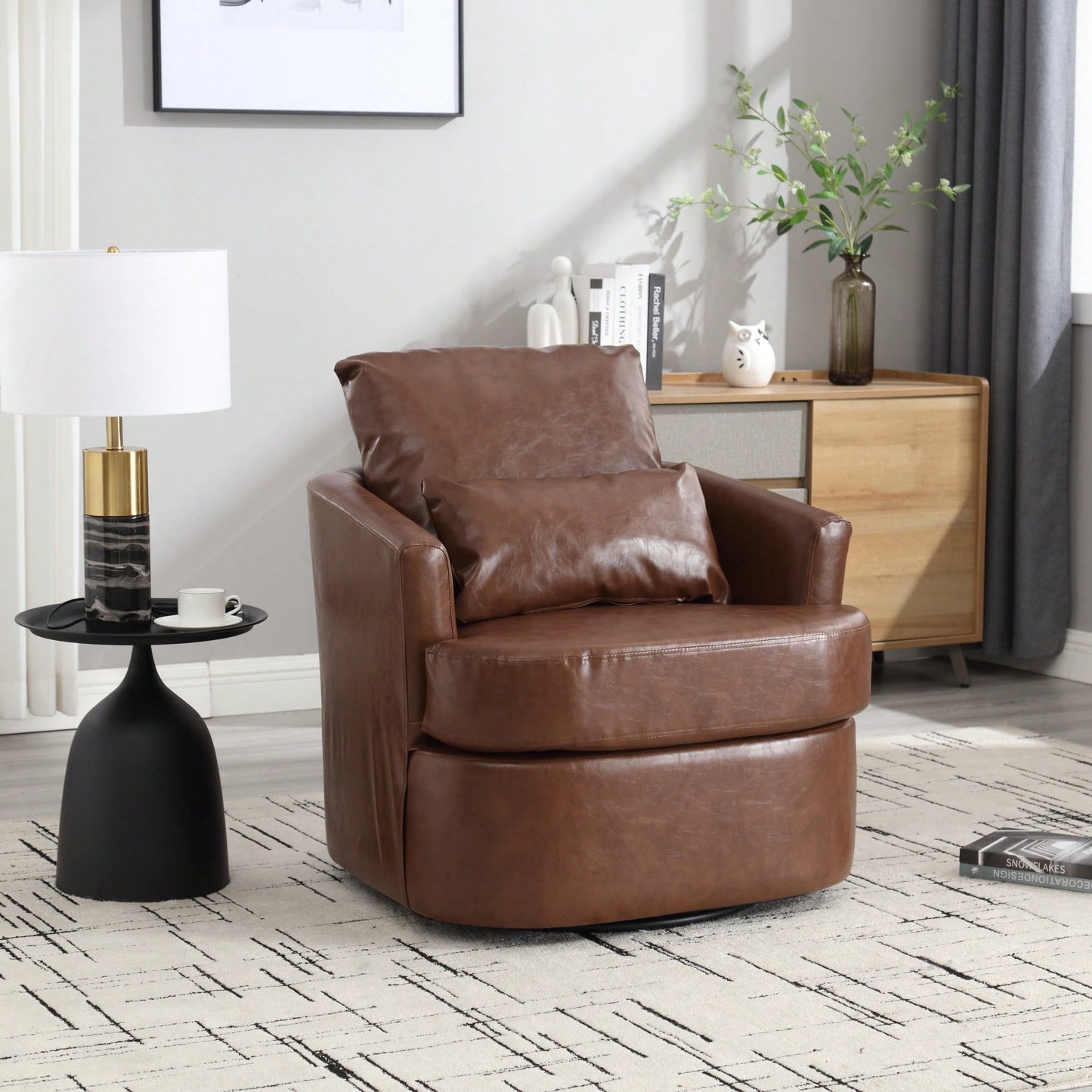 Comfy 360 Degree Swivel Barrel Accent Chair For Living Room, Nursery, Office, And Lounge In Black PU